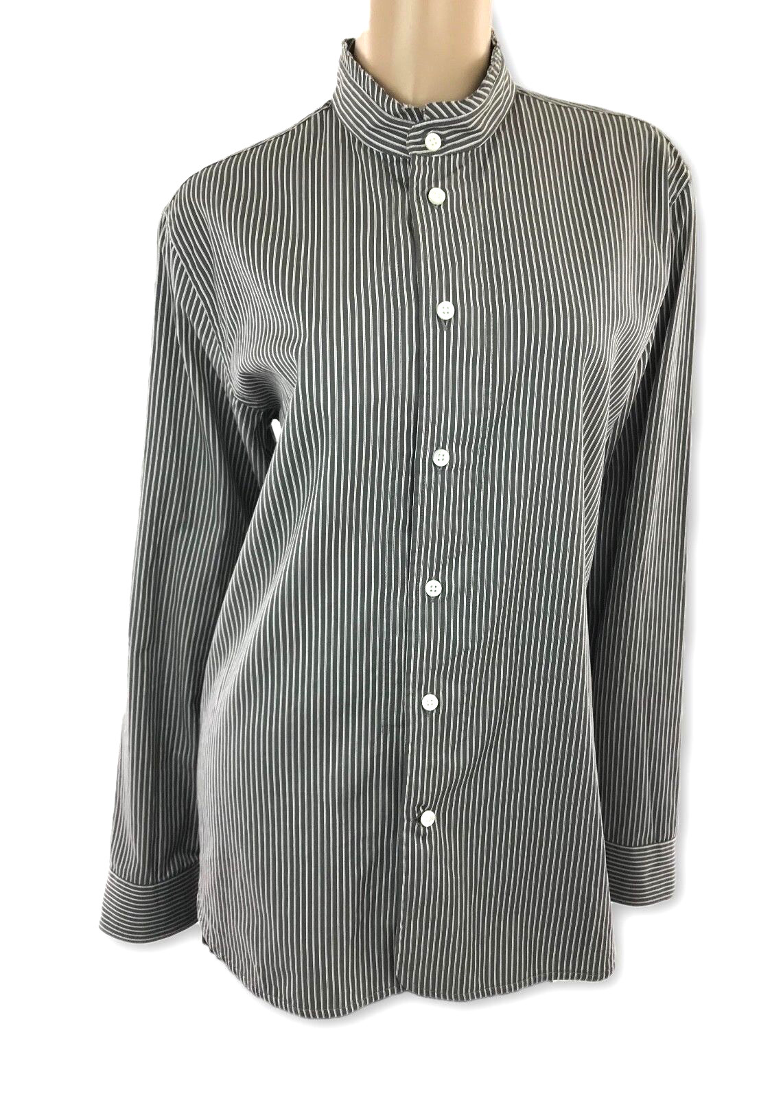 Marc Jacobs Sz US 12 Blouse Gray White Pinstripes Ruffled Stand Up Collar Cotton