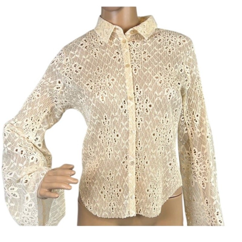 Forte_Forte Italy Lace Button Up Blouse Sheer Romantic Boho Designer Top NWT M