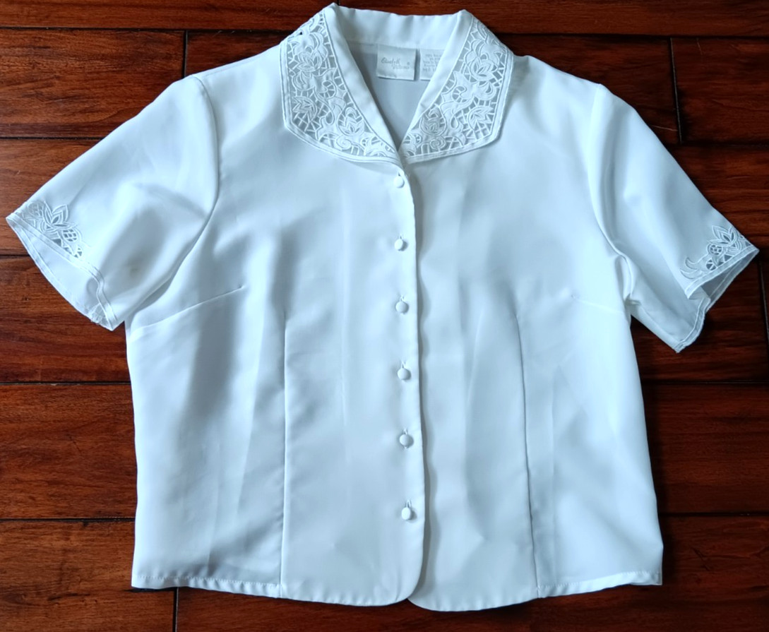 Vintage Elizabeth Williams White Blouse M Short Sleeve Lace Collar