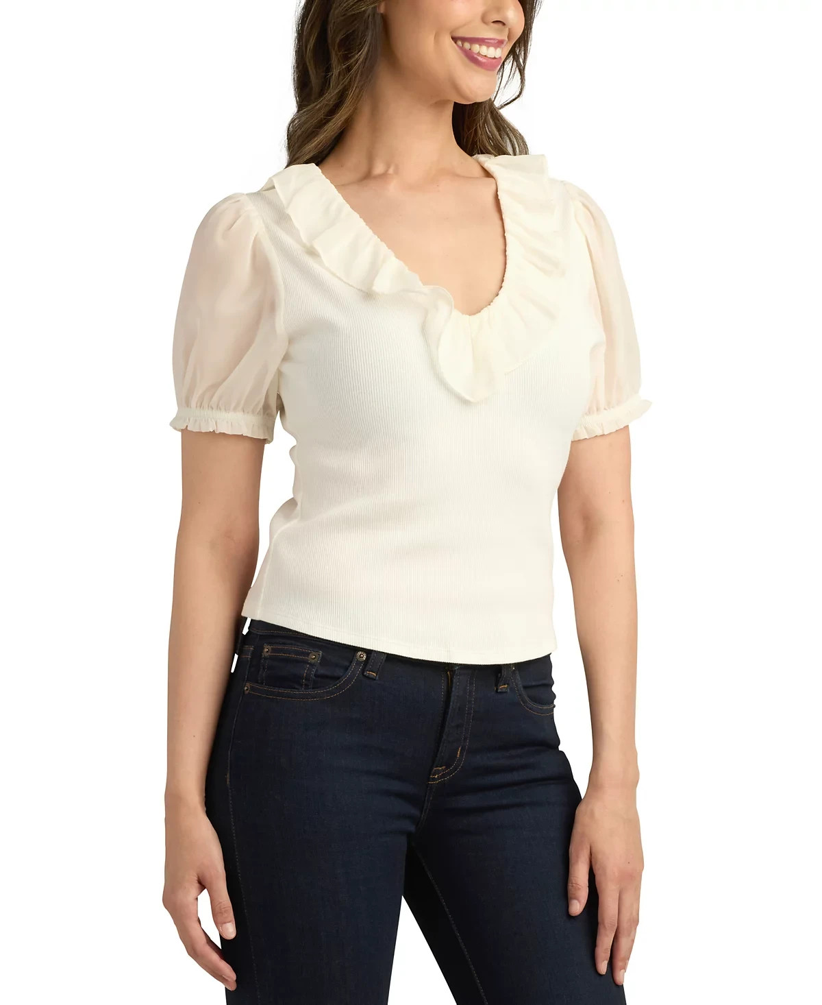 Bcx Puff Sleeve Ruffle Top Mixed Media Ribbed Off White Juniors’ Size M