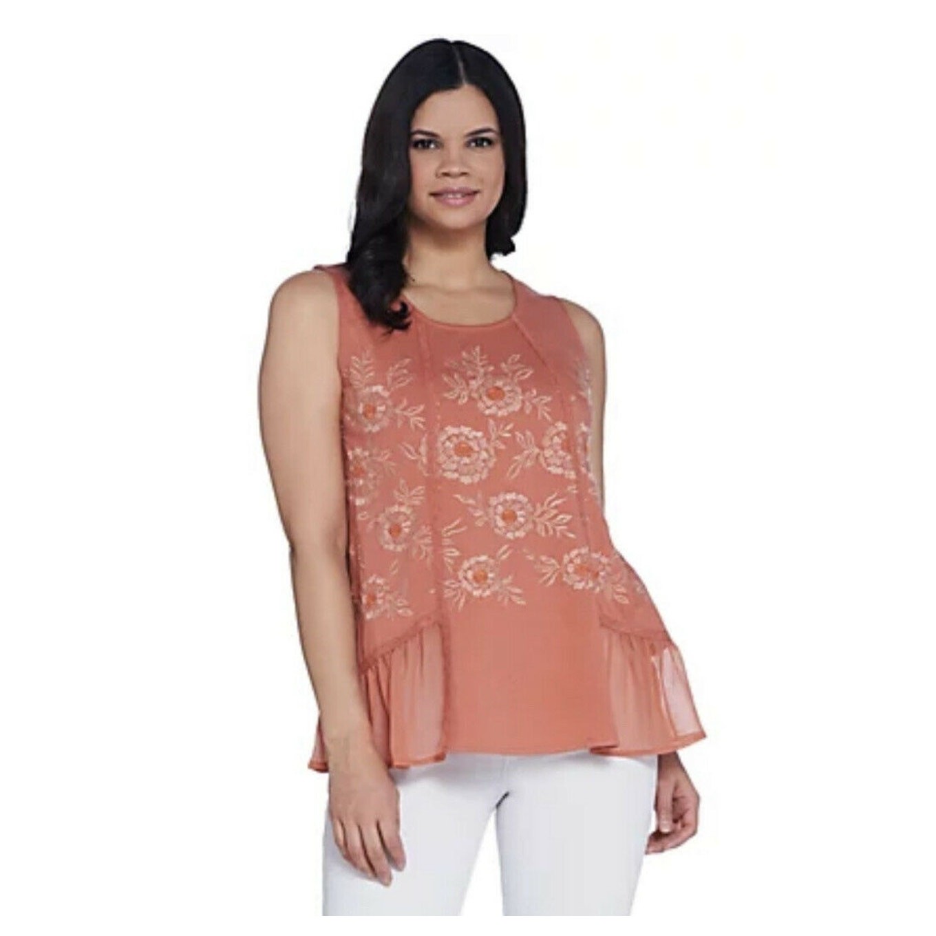 LOGO Lori Goldstein Knit Tank Coral Orange XXS Embroidered NWOT A302462