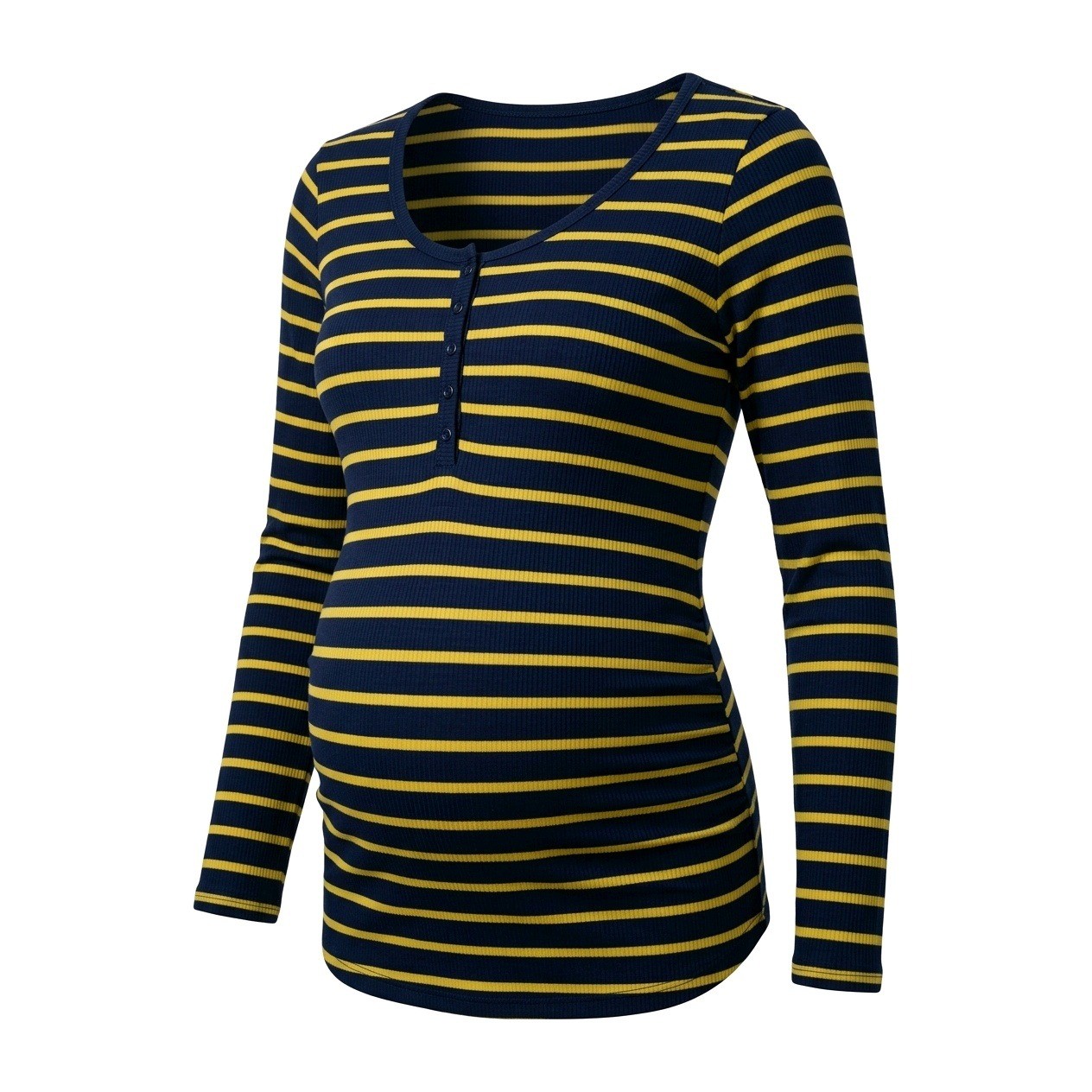 Motherhood Maternity XL Henley Top Navy Yellow Striped Waffle Knit Side Ruched
