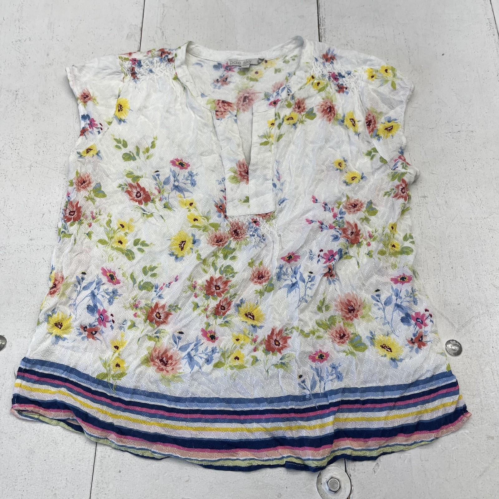 Pale Sky Blouse Womens Large Multicolor Floral Cap Sleeve Henley Top Lightweight