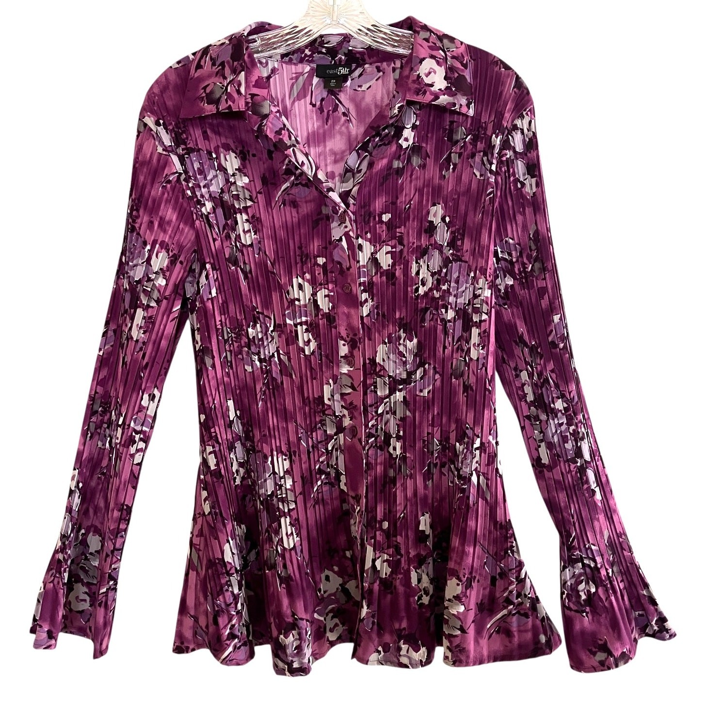 Pleated Button Up Shirt Purple Floral Flare Sleeves 2X East 5th Woman