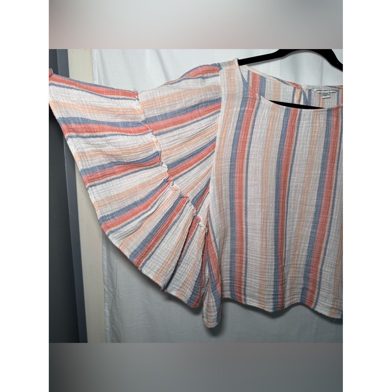 American Eagle Striped Cotton Gauze Angel Bell Sleeve Crop Top Blouse Boho M