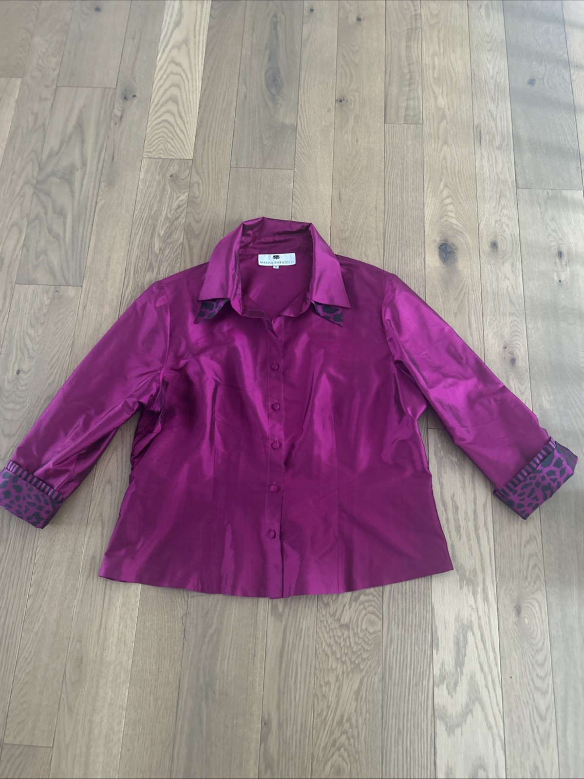 MARISA BARATELLI sz 16 Magenta Thai Silk Blouse Double Collar Cheetah Print Top