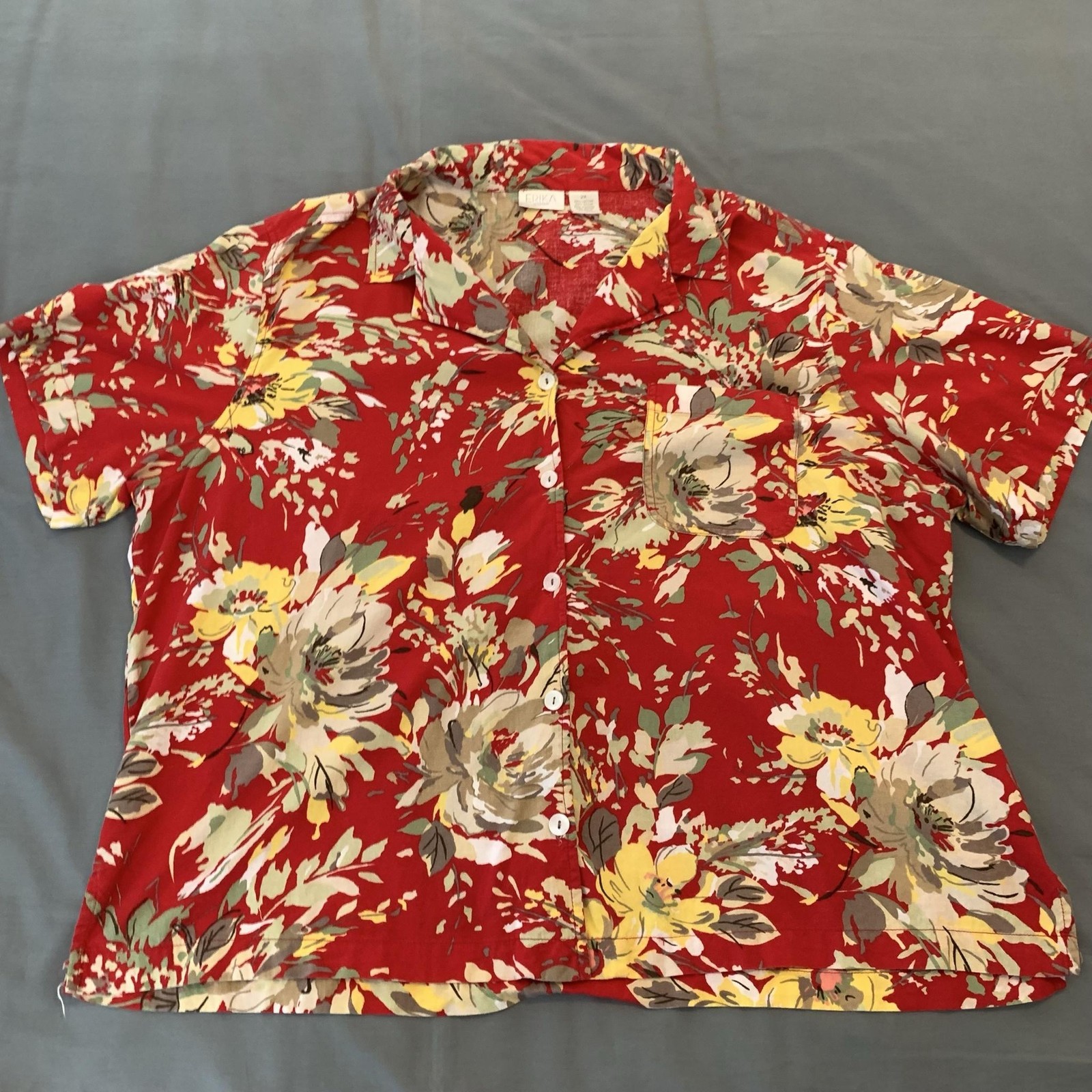 Erika Shirt Womens 2X Plus Red Floral Button Front Short Sleeve Casual Top