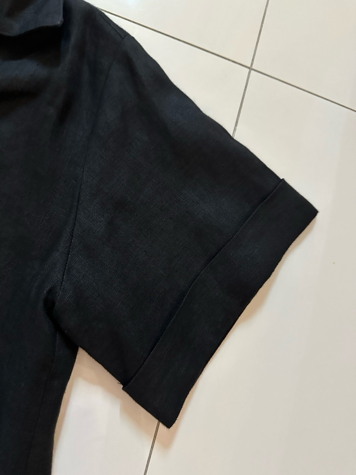 MATTHEW BRUCH Popover Crop Shirt in Linen BLACK SIZE 1/XS/US 2 $345