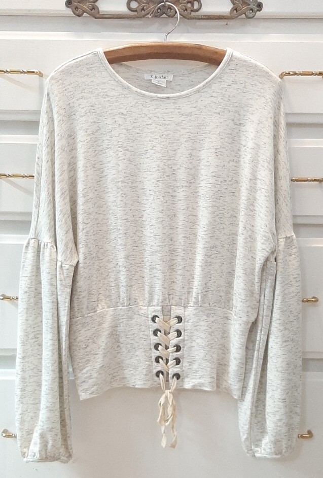 K.Jordan SzM Sweatshirt Top Lace Up Torso Waist Lt Heather Gray Puff Sleeve Boho