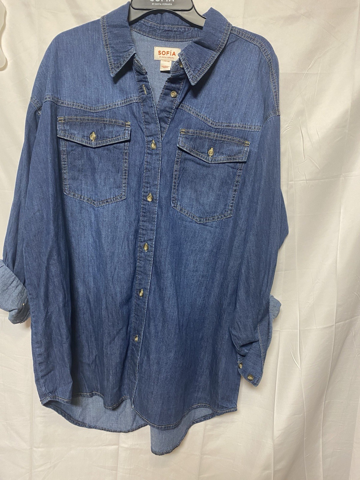 SOFIA by Sofia Vergara Blue Denim Button-Up Shirt Collared Pockets L Cotton