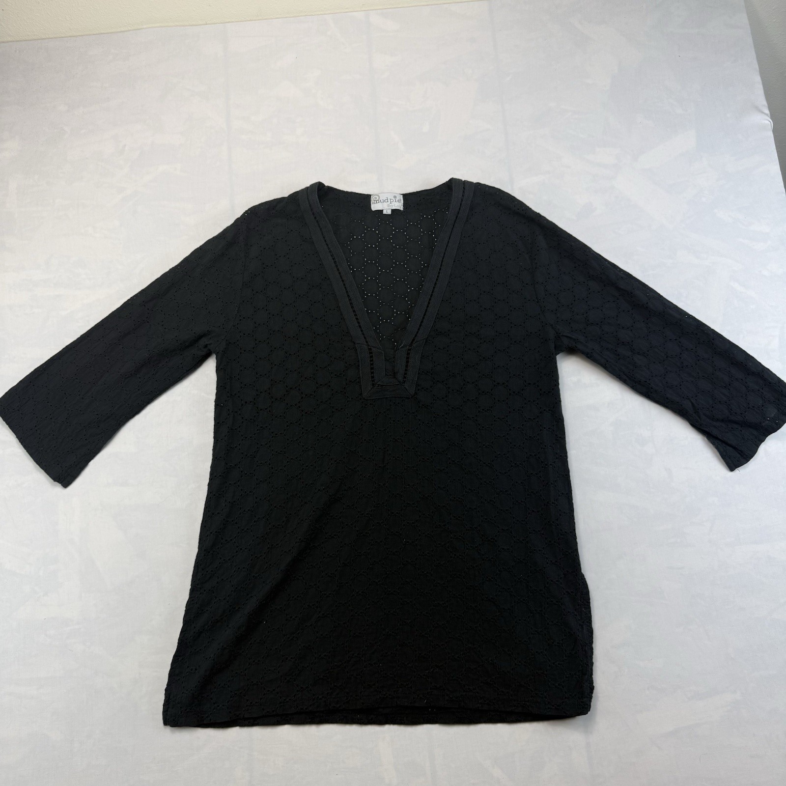 Mud Pie Black Eyelet Tunic Top Womens Large Boho V Neck Textured