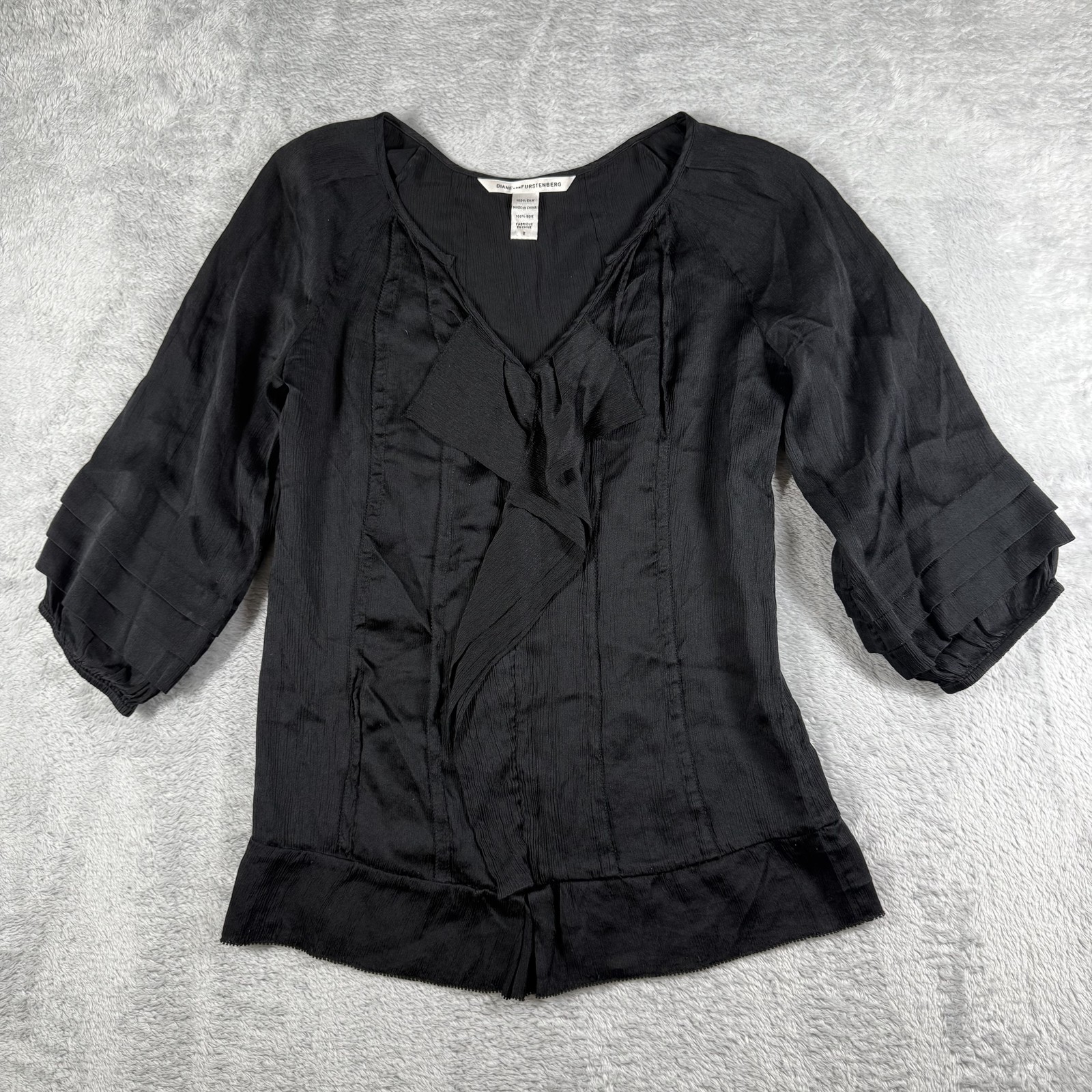 Diane von Furstenberg Blouse Womens 2 Black Silk Ruffle 3/4 Sleeve Dressy Top