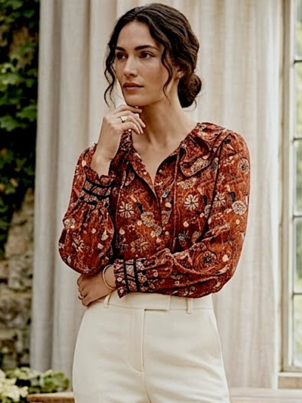 A Loves A Boho Victorian Ruffle Neck Platter Collar Floral Blouse Size XL