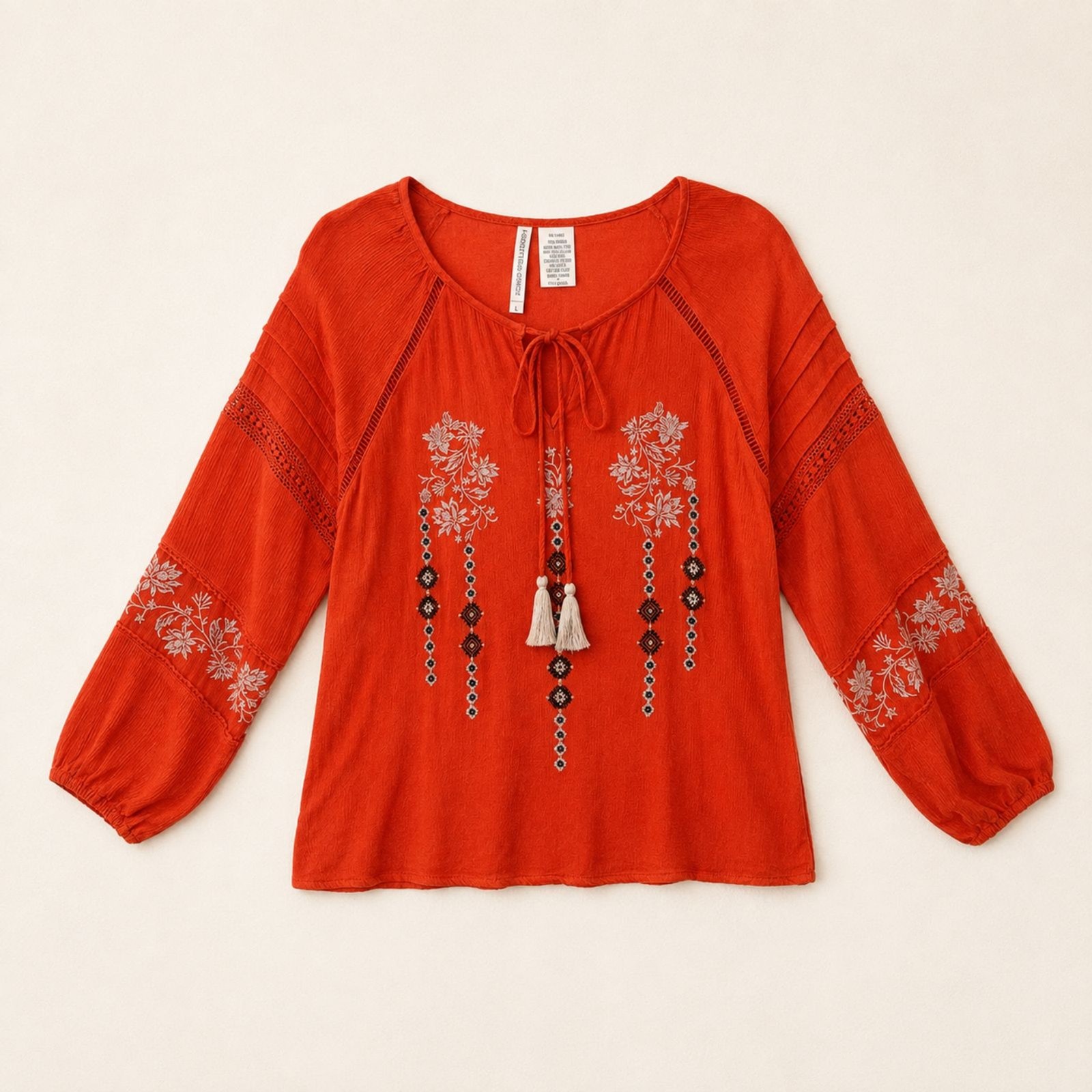 Forgotten Grace Orange Embroidered Boho Peasant Blouse Tassel 3/4 Sleeve Rayon L