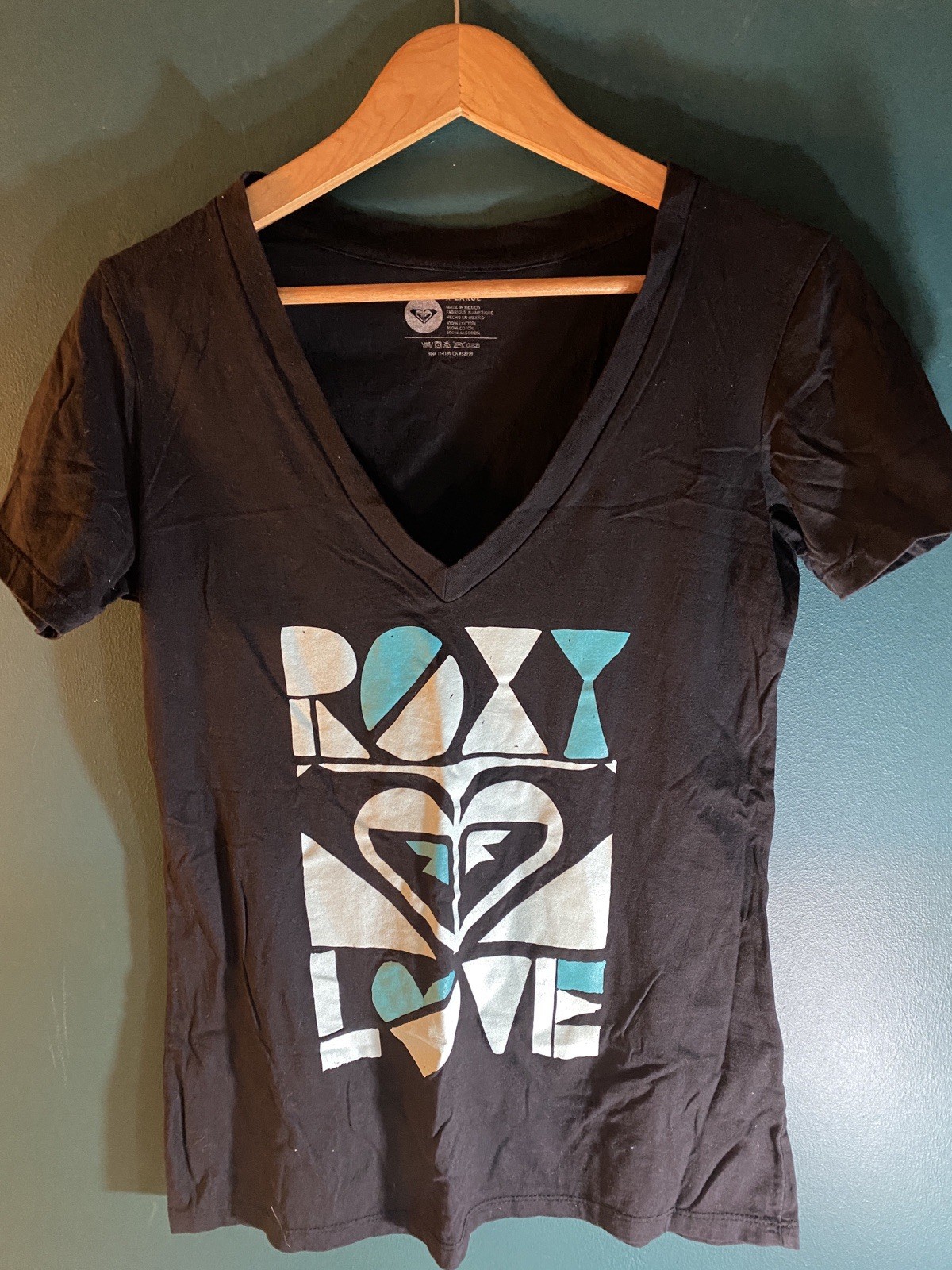 Roxy LOVE Womens XL Graphic V Neck T Shirt Hippie Boho Tee