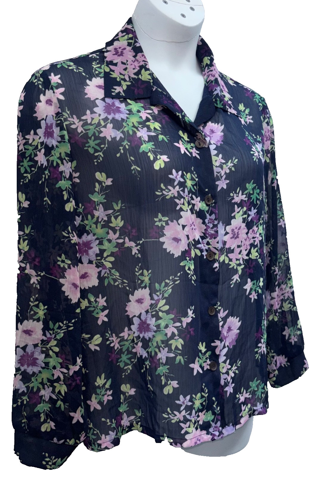 VTG Haband Women Size L Button Up Long Sleeve Semi Sheer Top Navy Floral Print