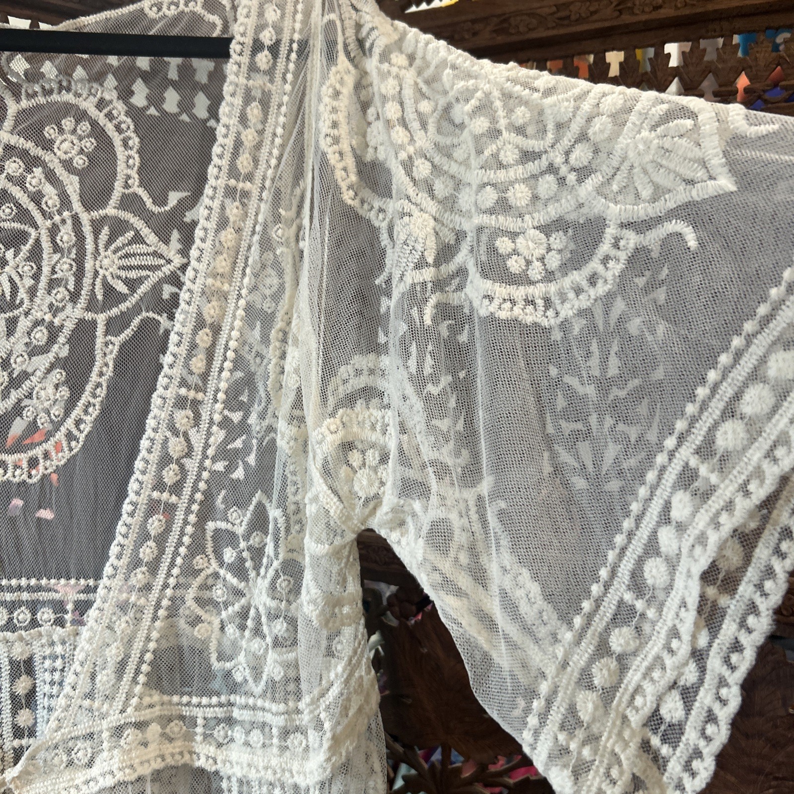 Sheer Ivory Lace Duster Tie Front Long Kimono Womens XL Goddess Romantic Boho