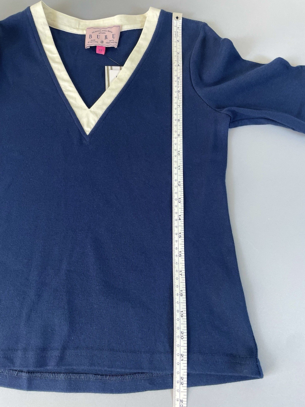 Buru Contrast Tee Navy Linen Cotton XS V Neck New With Tags ($128)