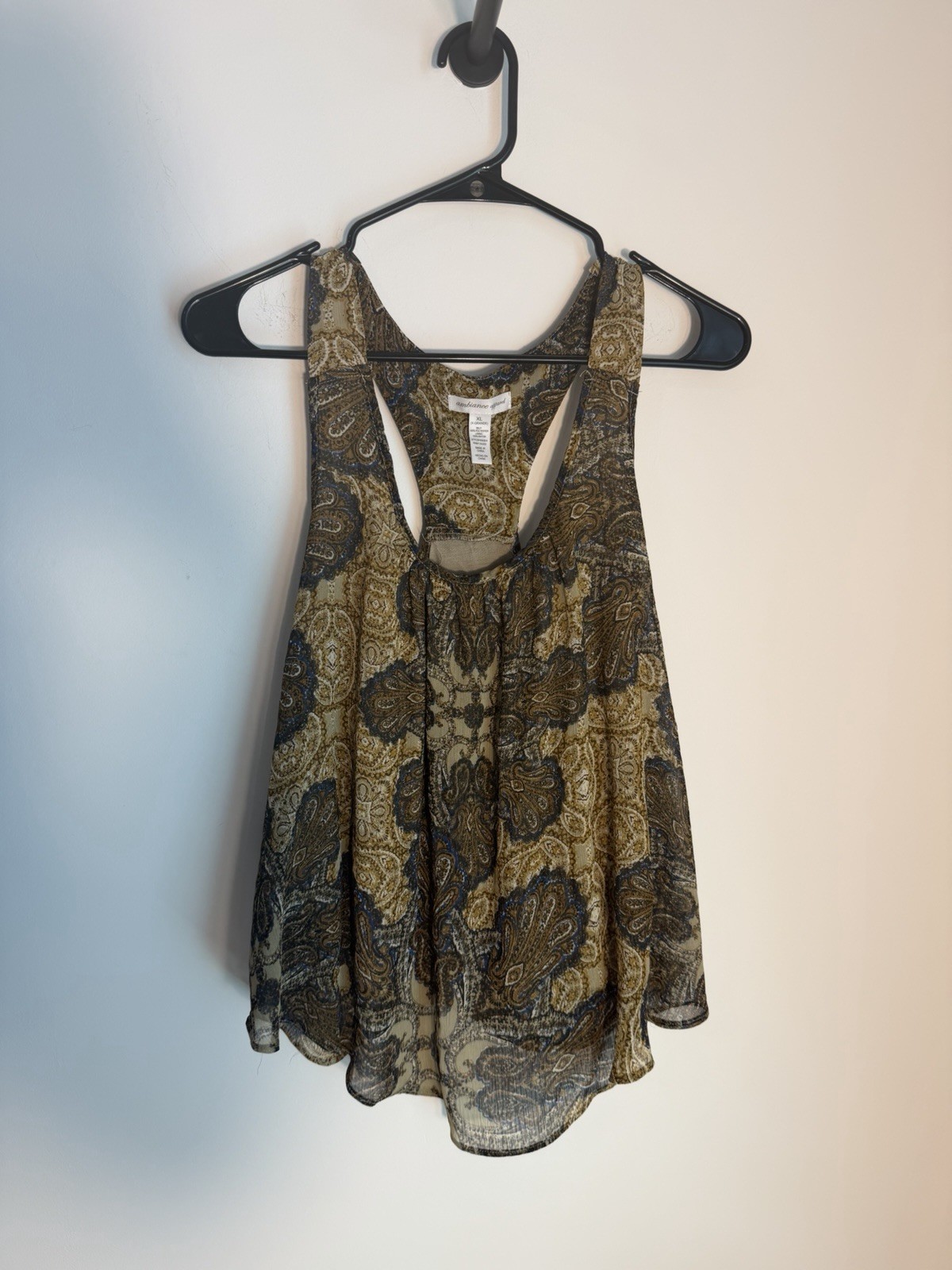 Ambiance Apparel Paisley Boho Tank Top XL Sheer Racerback Flowy Festival Blouse