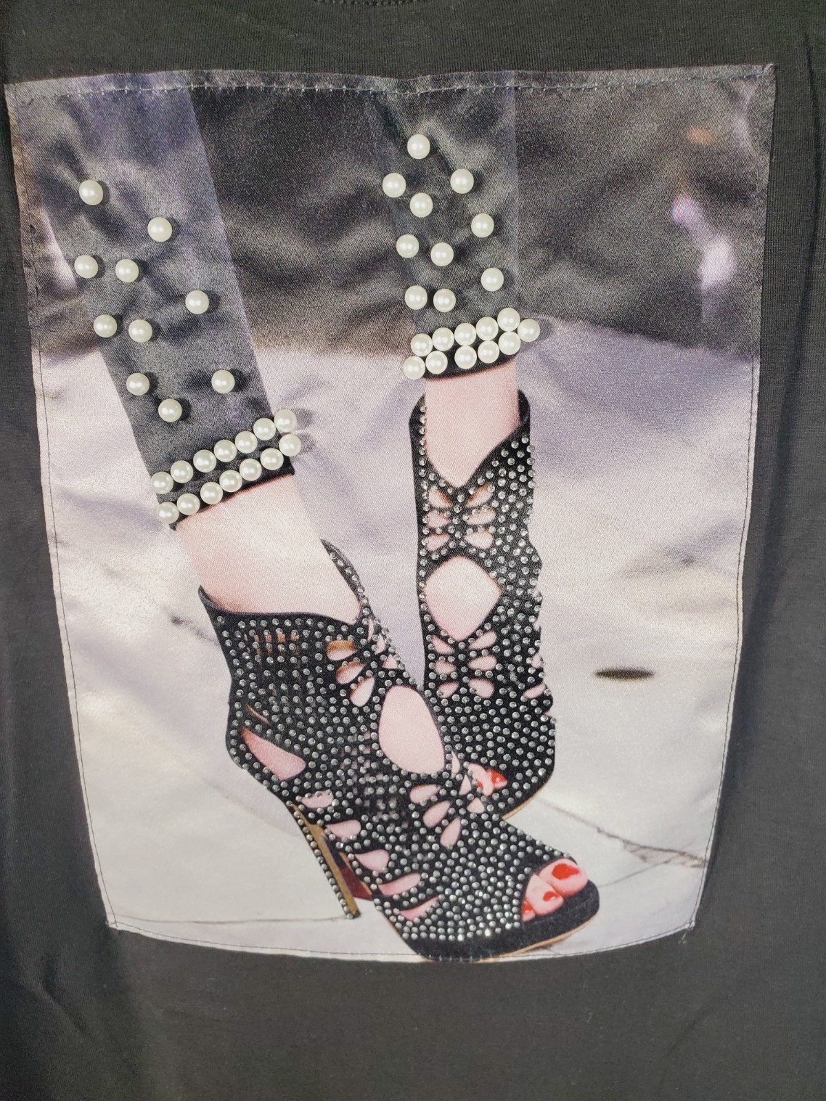 NEW ITZON Fancy Black Heels Design Pearls & Beaded Petite Large