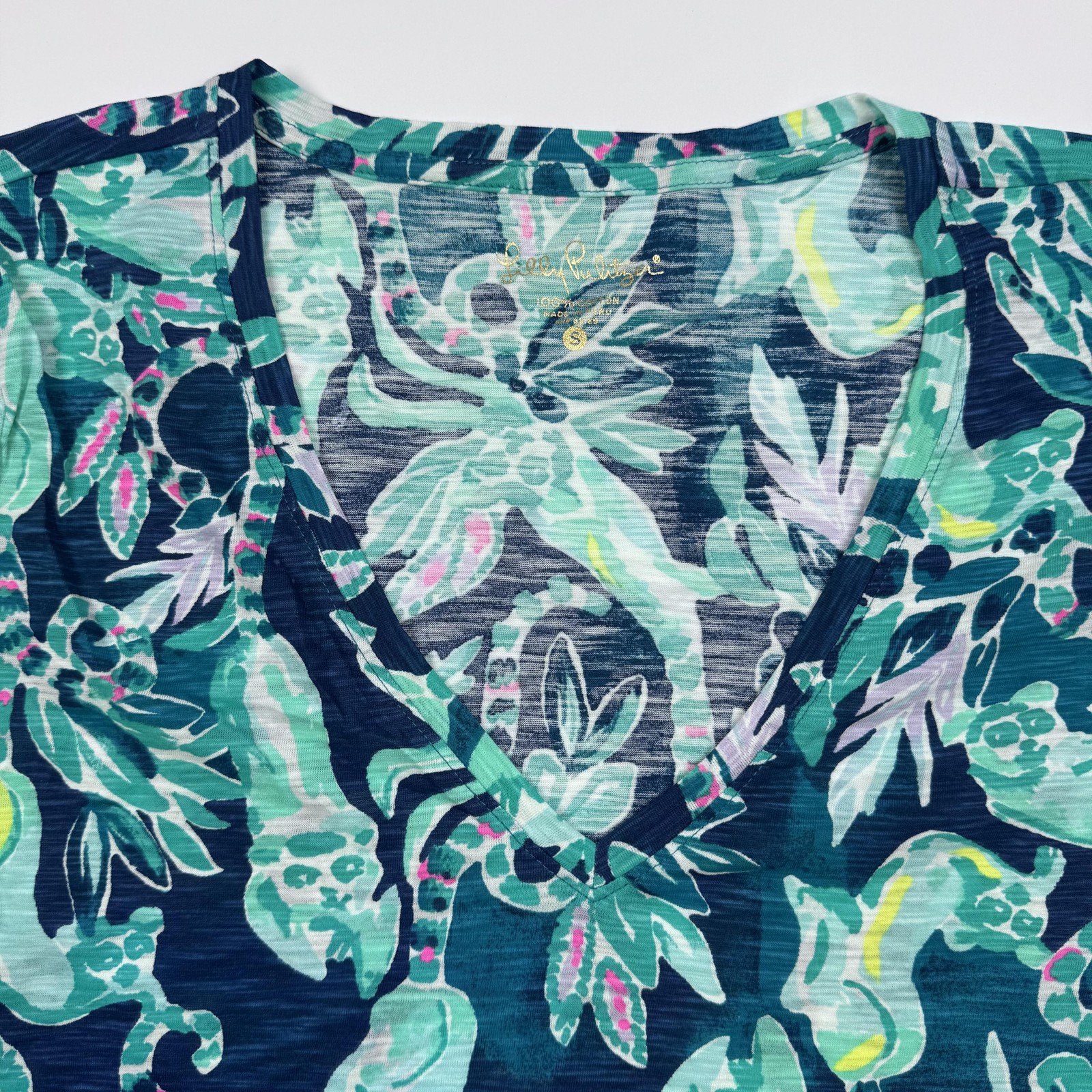 Lilly Pulitzer Shirt Womens S Blue Green Tropical Lemur Print V Neck Cotton