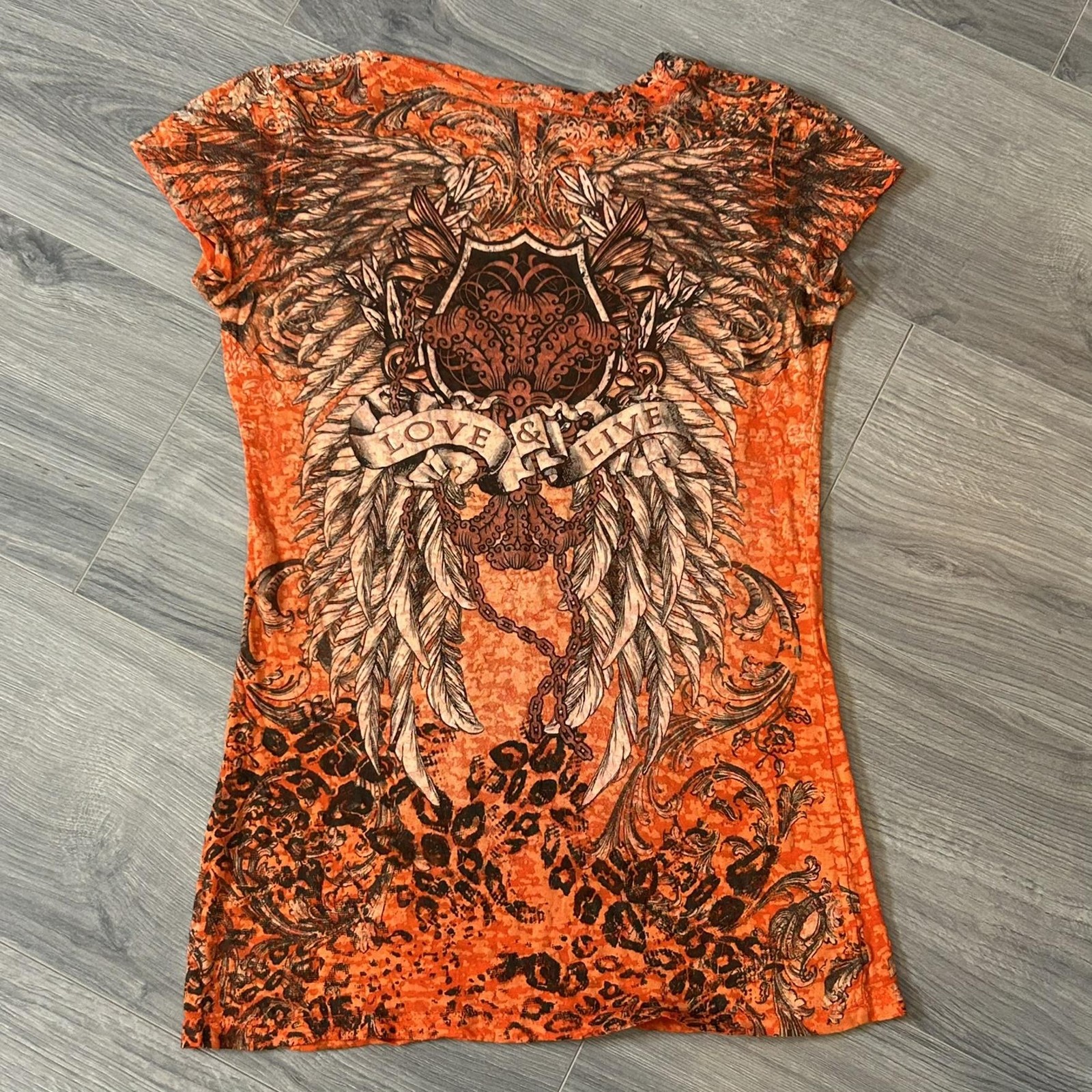 In Vein Shirt Womens XL Orange LOVE & LIVE Angel Wing Studded Rhinestone Tee Top