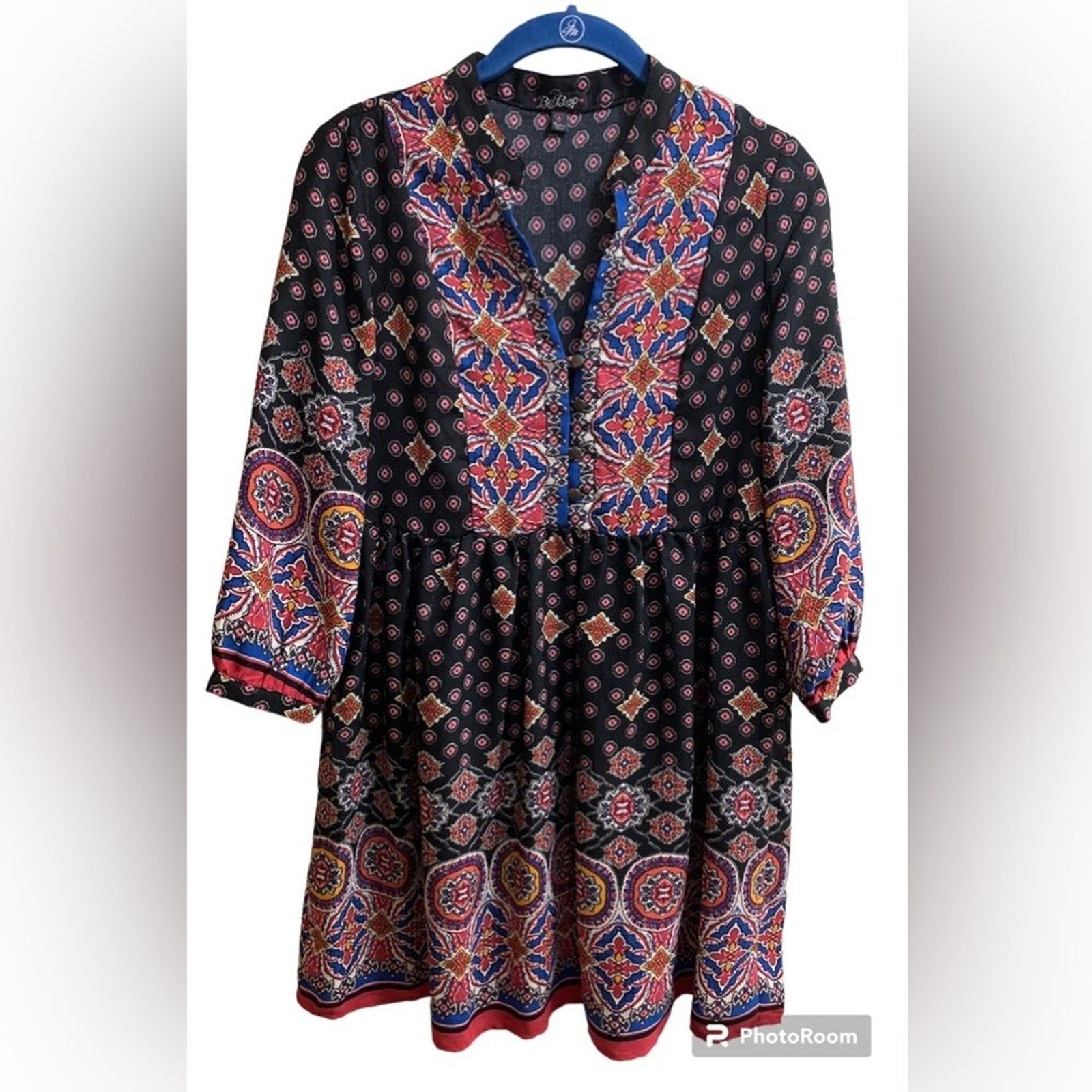 BeBop Bohemian Peasant Tunic Top Small-Antique Look Buttons.Blue,White,Yellow