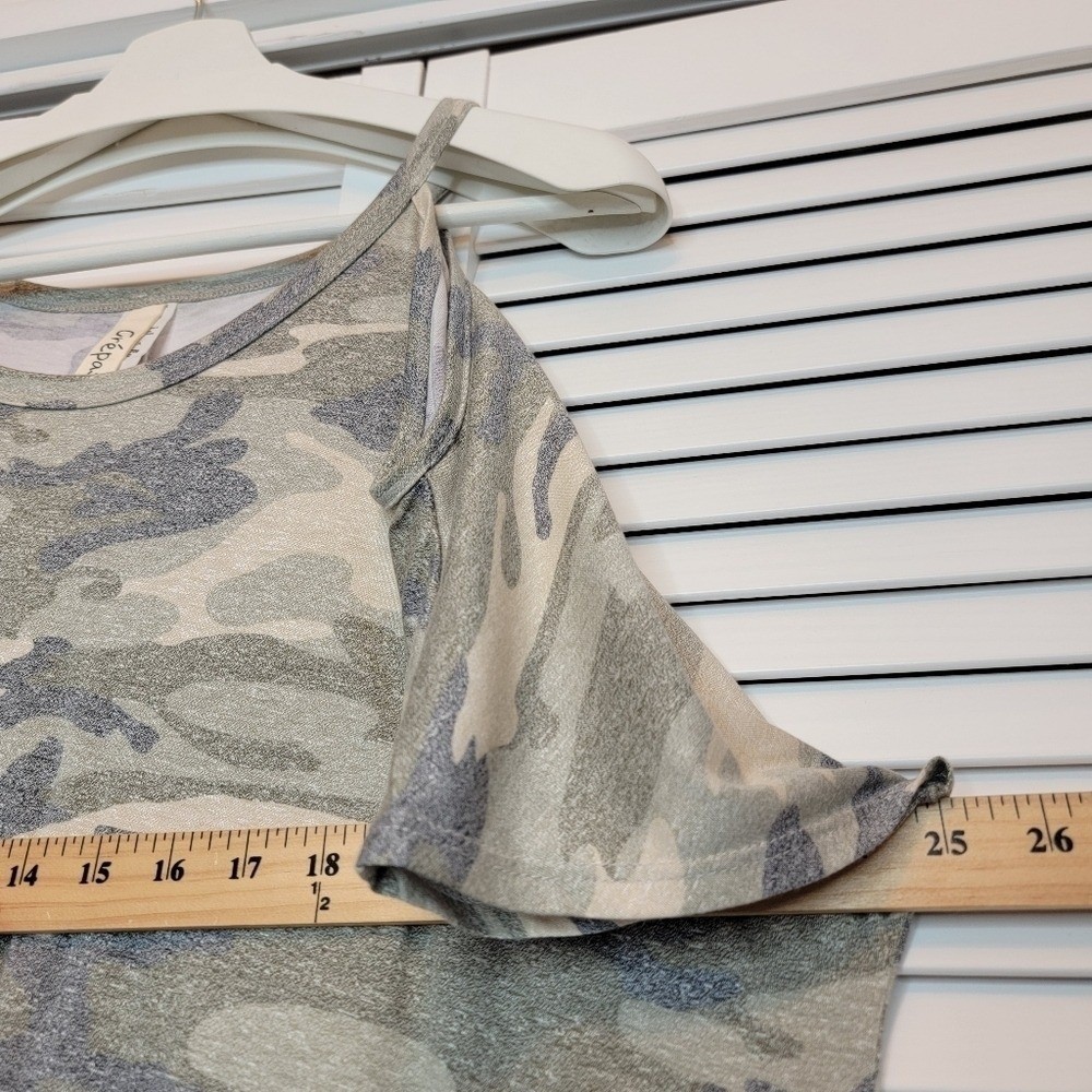 CREPAS Camo Cold Shoulder Tunic Top Women XL Army Green Gray Longline Casual Y2K