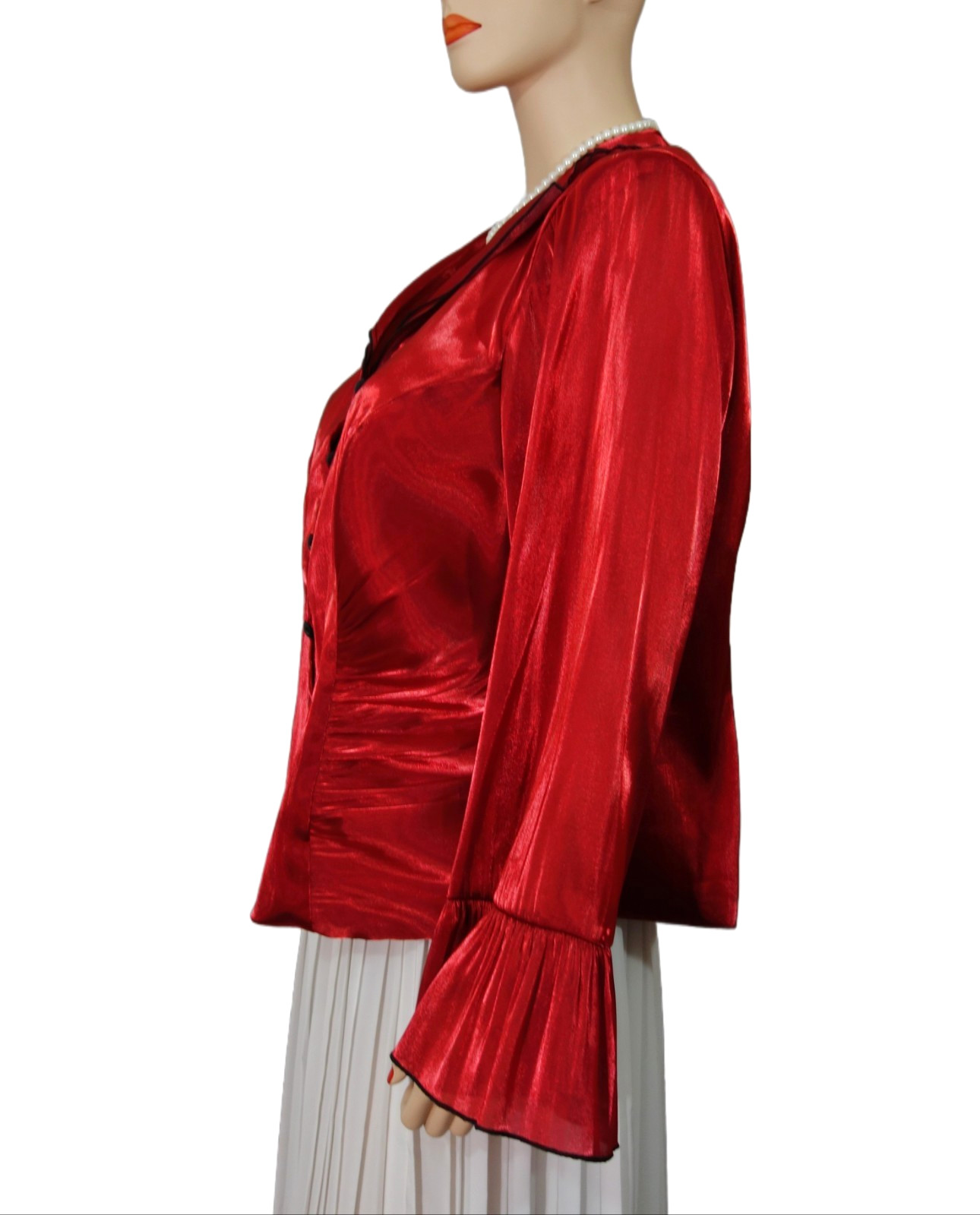 NWOT~Another Thyme~Red Shiny Iridescent Satin Blouse Sz 1X V-Neck Spread Collar