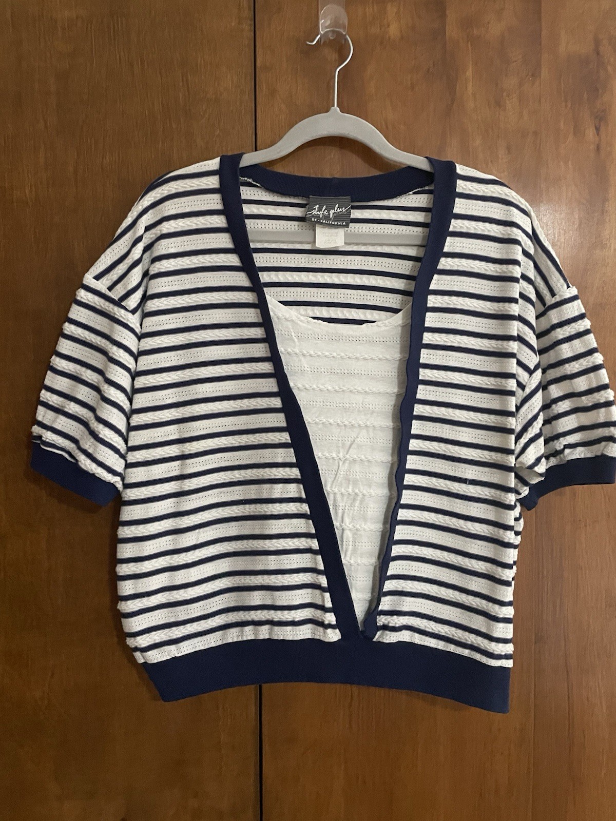 Vintage 80s 90s Style Plus of California Women’s White/Navy Striped Top, XL