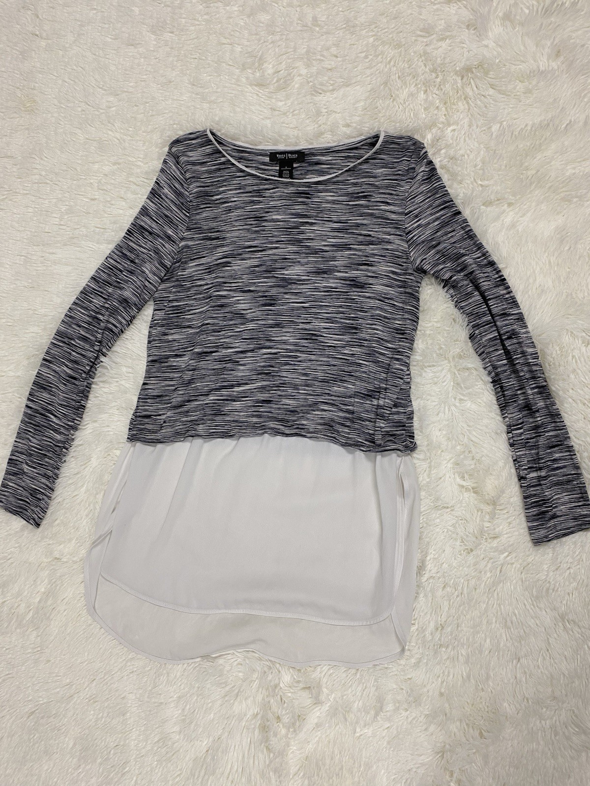 White House Black Market Black & Gray Layered Space-Dye Long Sleeve Top, Small
