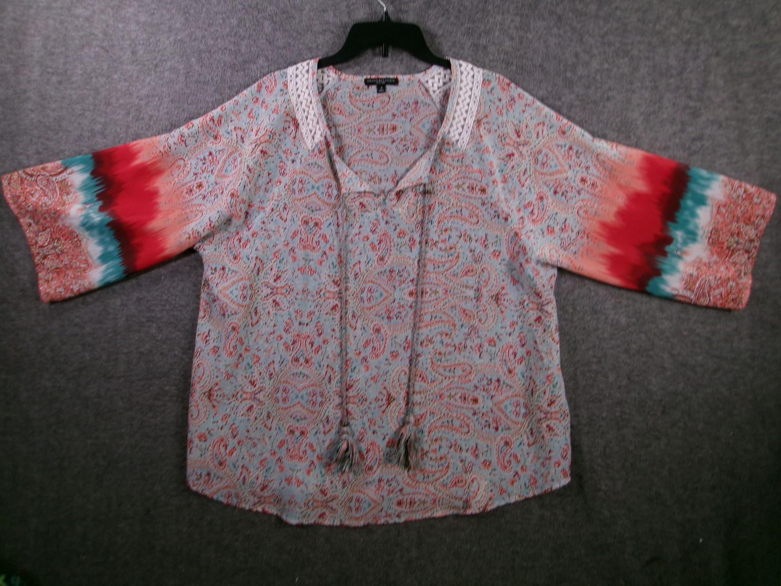 Signature Studio Blouse Womens 1X Paisley Boho Peasant Tassel Tie Lace Trim Blue