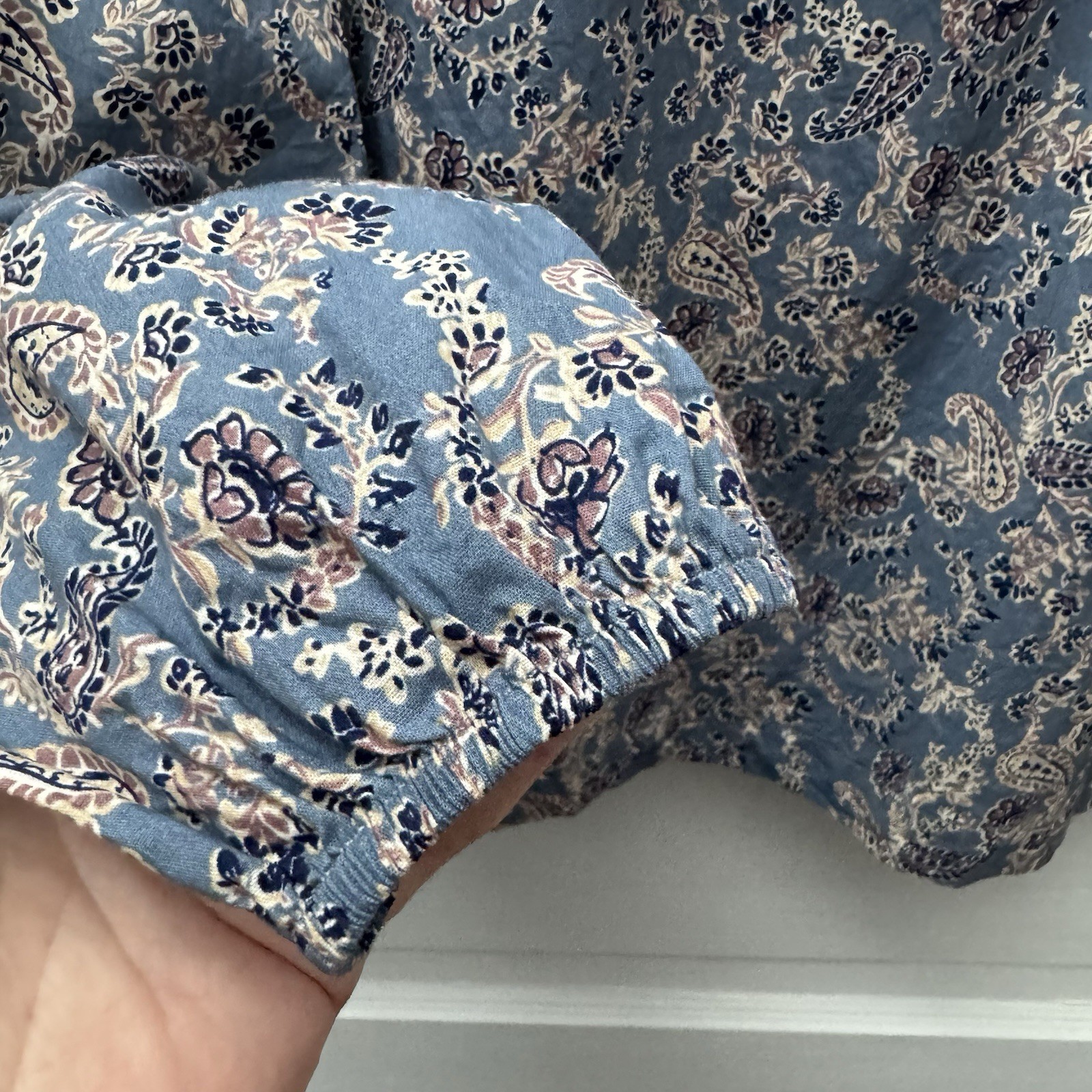 Avara Paisley Blouse Blue Boho Cottagecore Smocked Yoke Tie Neck Size S