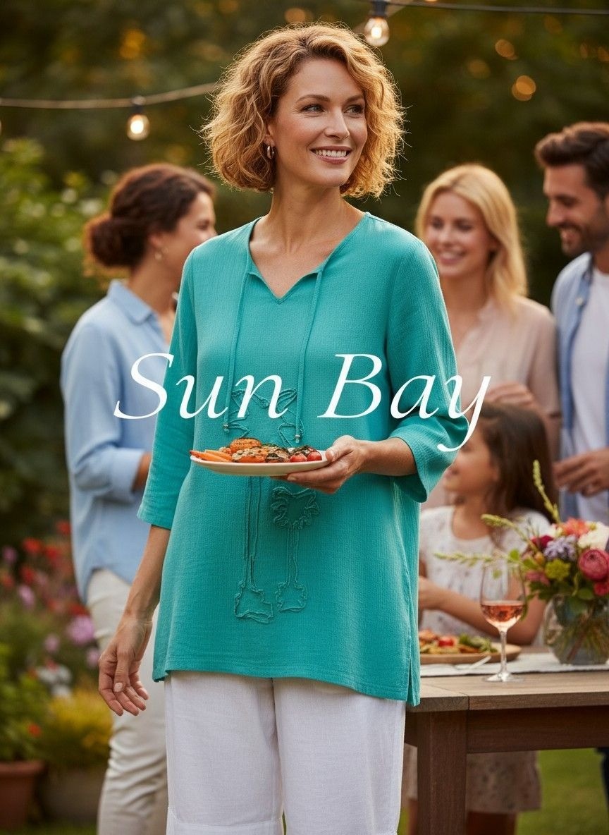 Sun Bay Womens Turquoise Cotton Tunic With Palm Tree Embroidery & Drawstring Nec