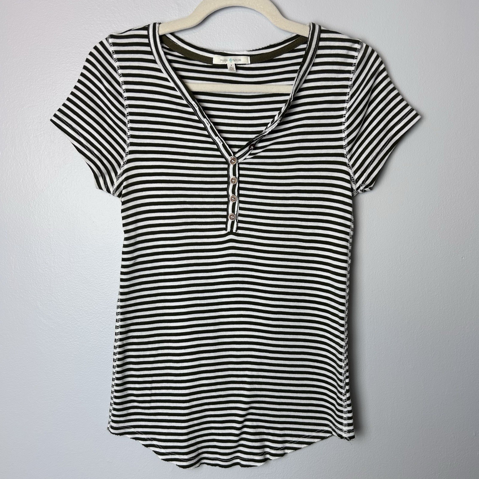 Anthropologie Pure + Good Women’s M Green stripe Cotton Henley Top V-Neck