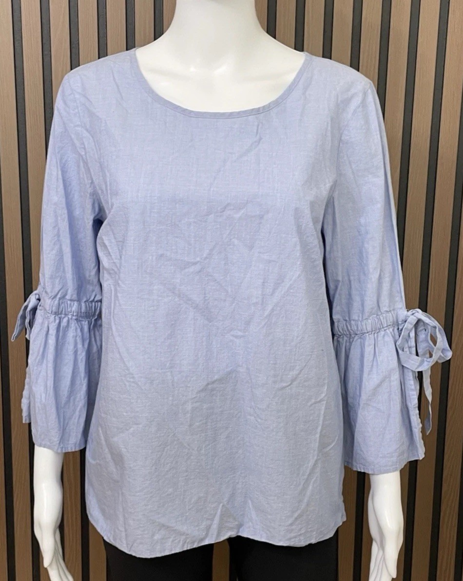 J.Crew Women’s M Blue 100% Cotton Bell Sleeve Tie Cuff Blouse Top Button Back