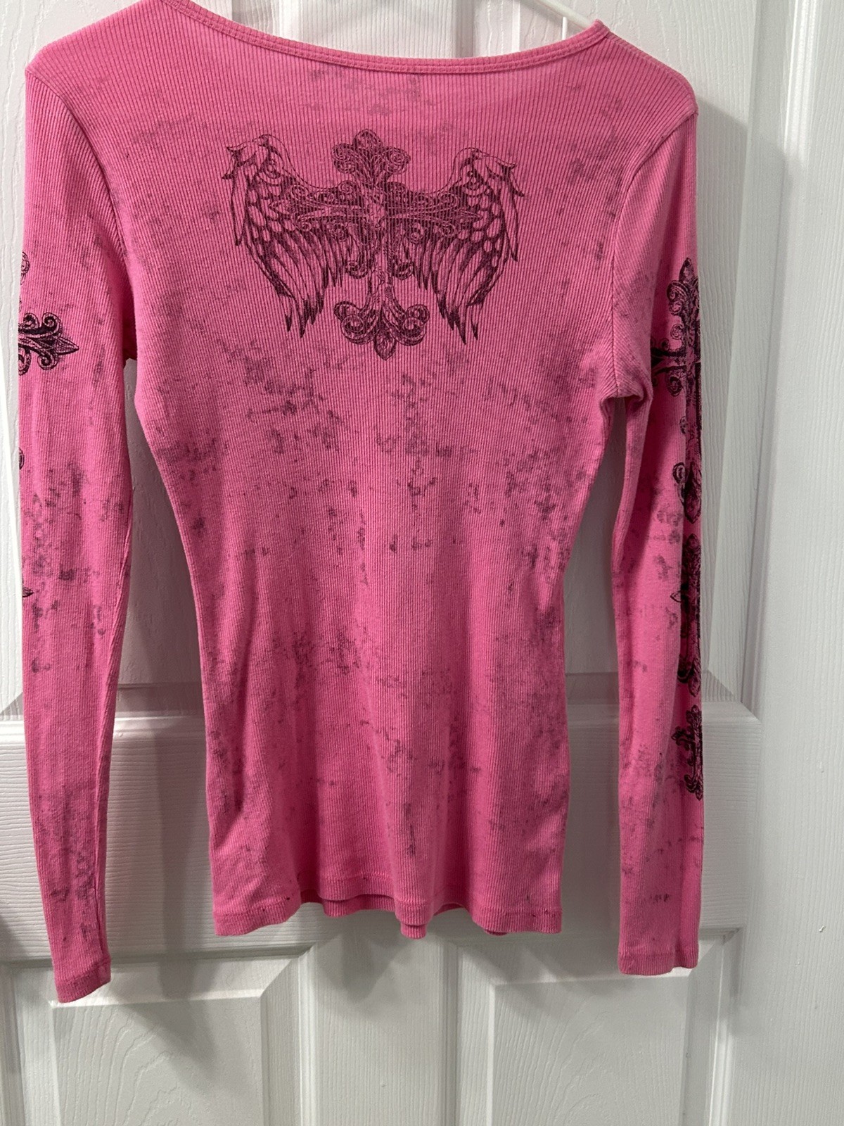 Light Pink Women’s Long Sleeve Top w Cross, Rhinestone with Wings (M)