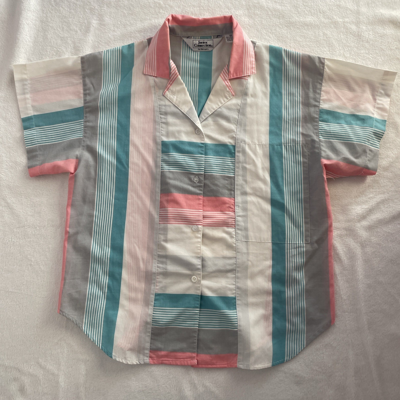 Vintage 90s Women’s Button Up M Teal Pink Grey Stripe Mervyn’s Junior Connection