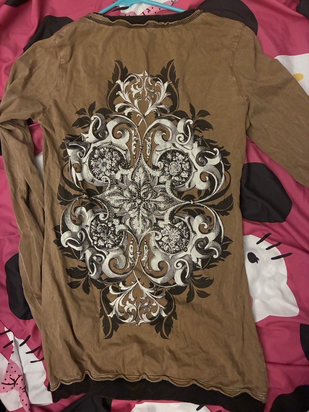 Y2k Vocal Brown Rhinestone Graphic Long Sleeve Scoop Neck T-Shirt Womens S