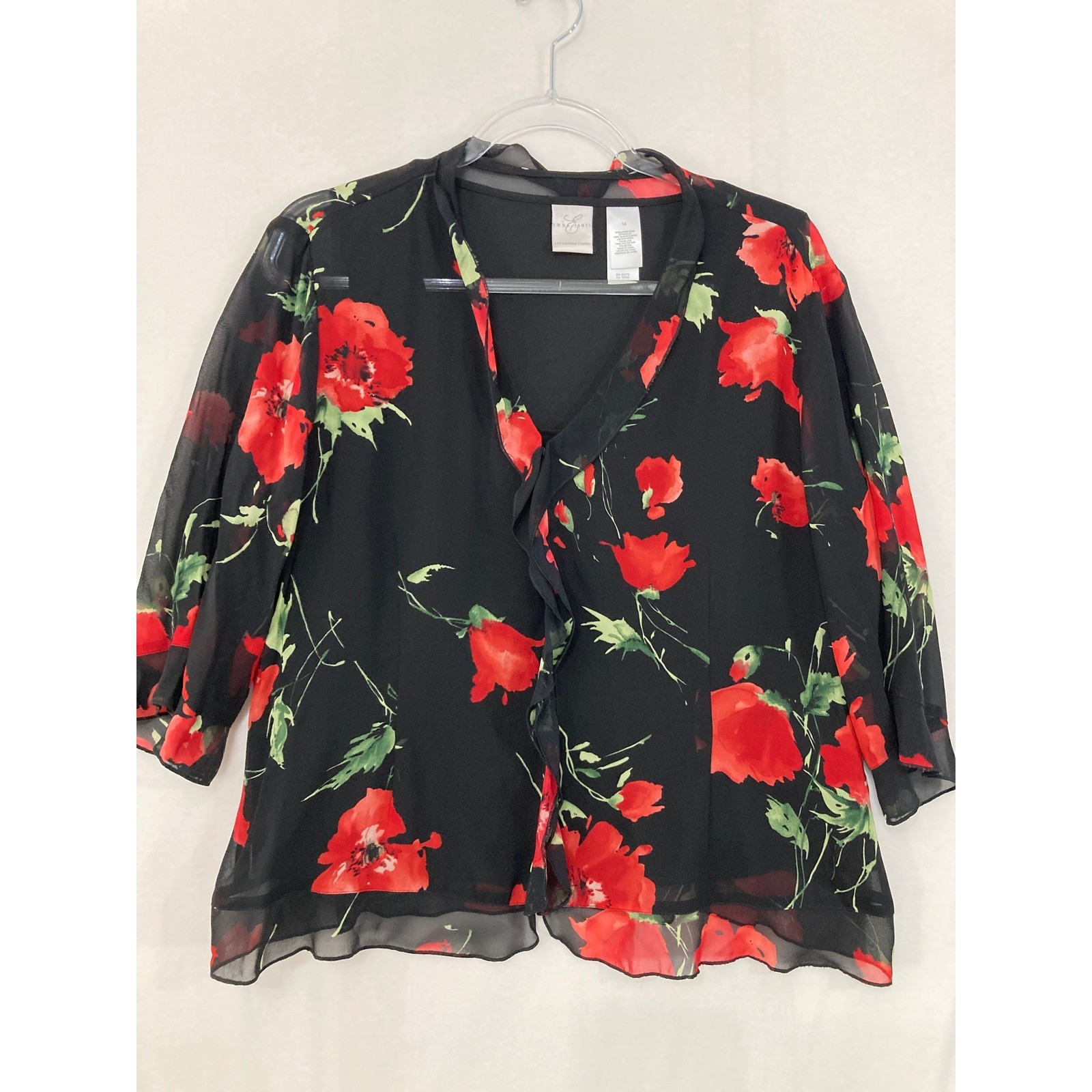Emma James Silk Blouse size 14 Black Red Poppy Floral Ruffle Sheer 3/4 Sleeve