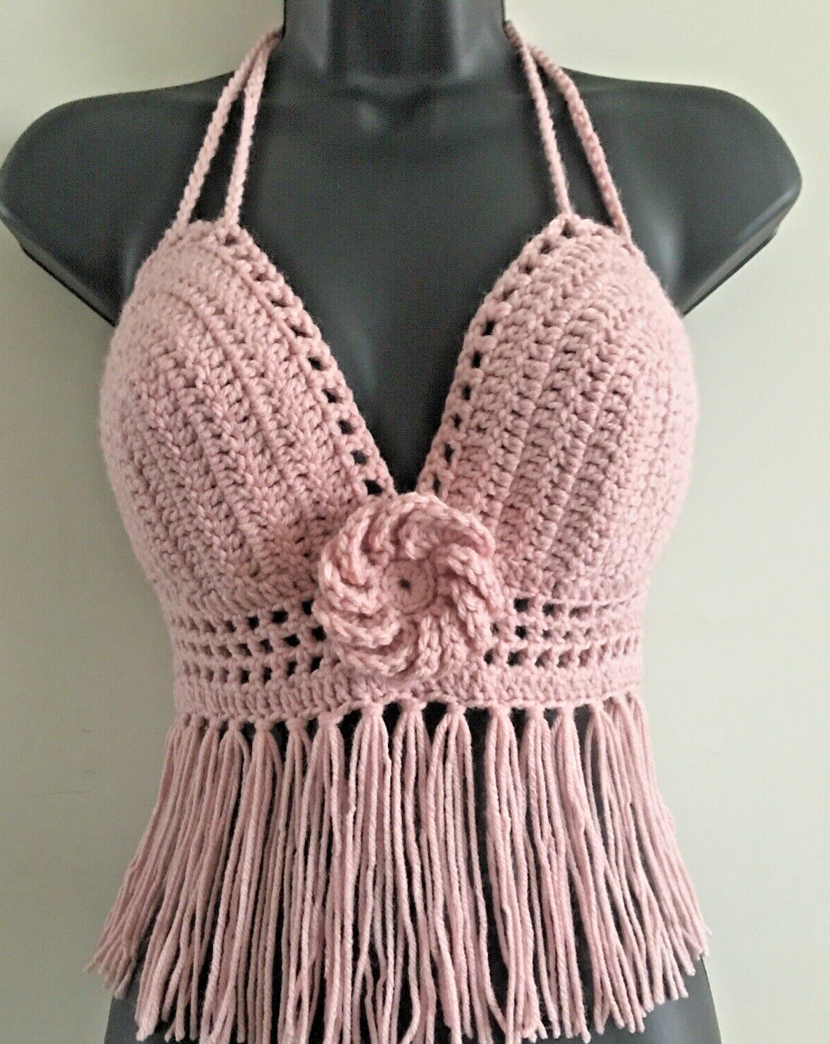 LOW PRICE TOP HANDMADE CROP TOP HALTER TOP BRALETTE FRINGE CORSET BLUSH PINK