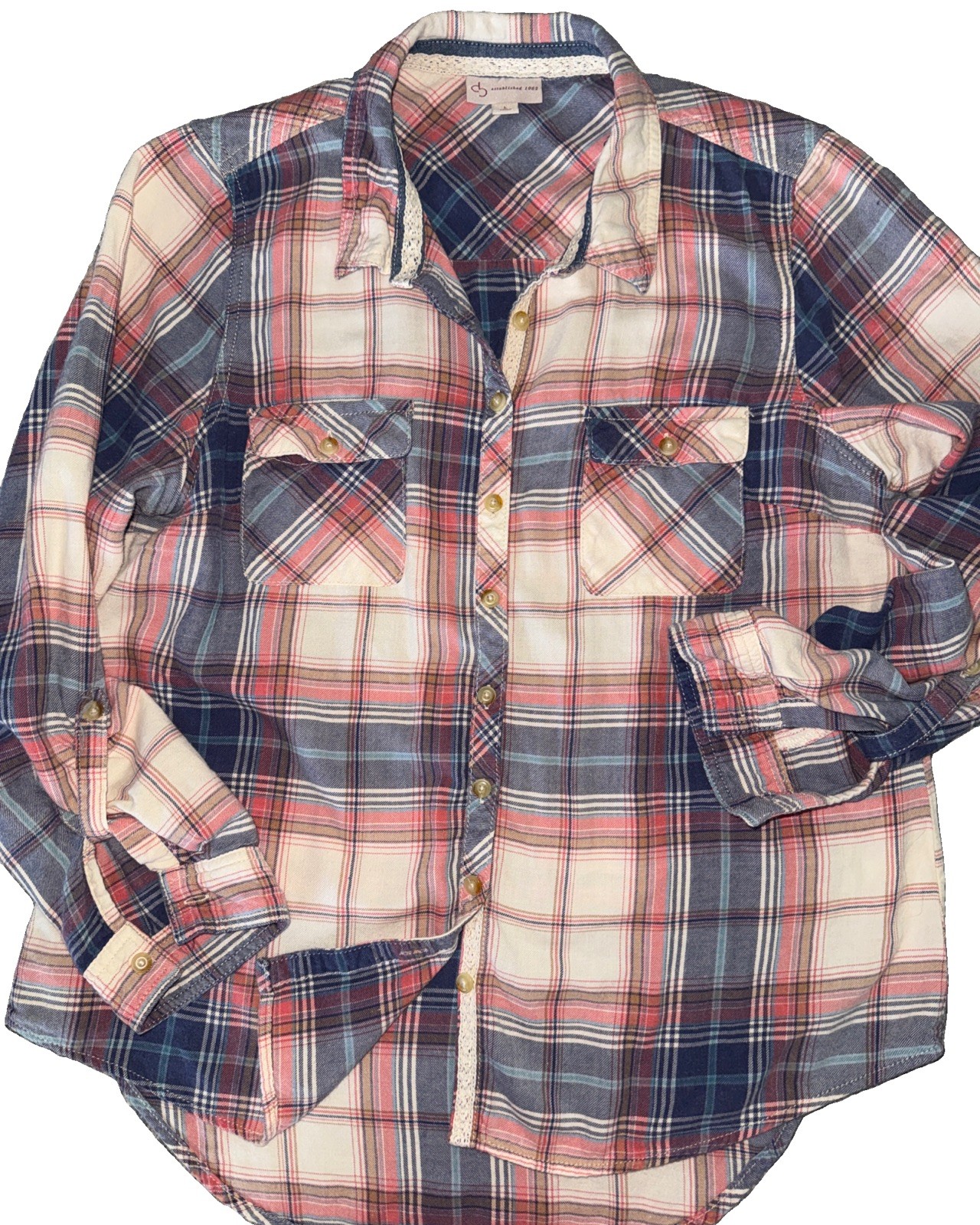 db Established 1962 Plaid Flannel Womens Large Roll Tab Sleeves *see msrmnts