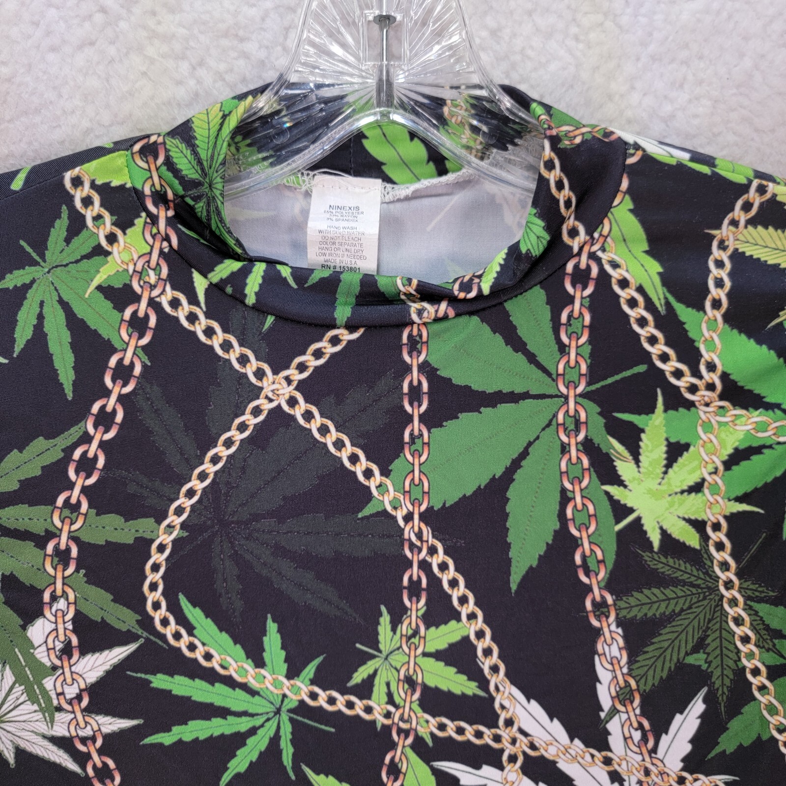Ninexis Black Mesh Chains Leaf Sexy Canna Festival Crop Top Womens Blouse Size S