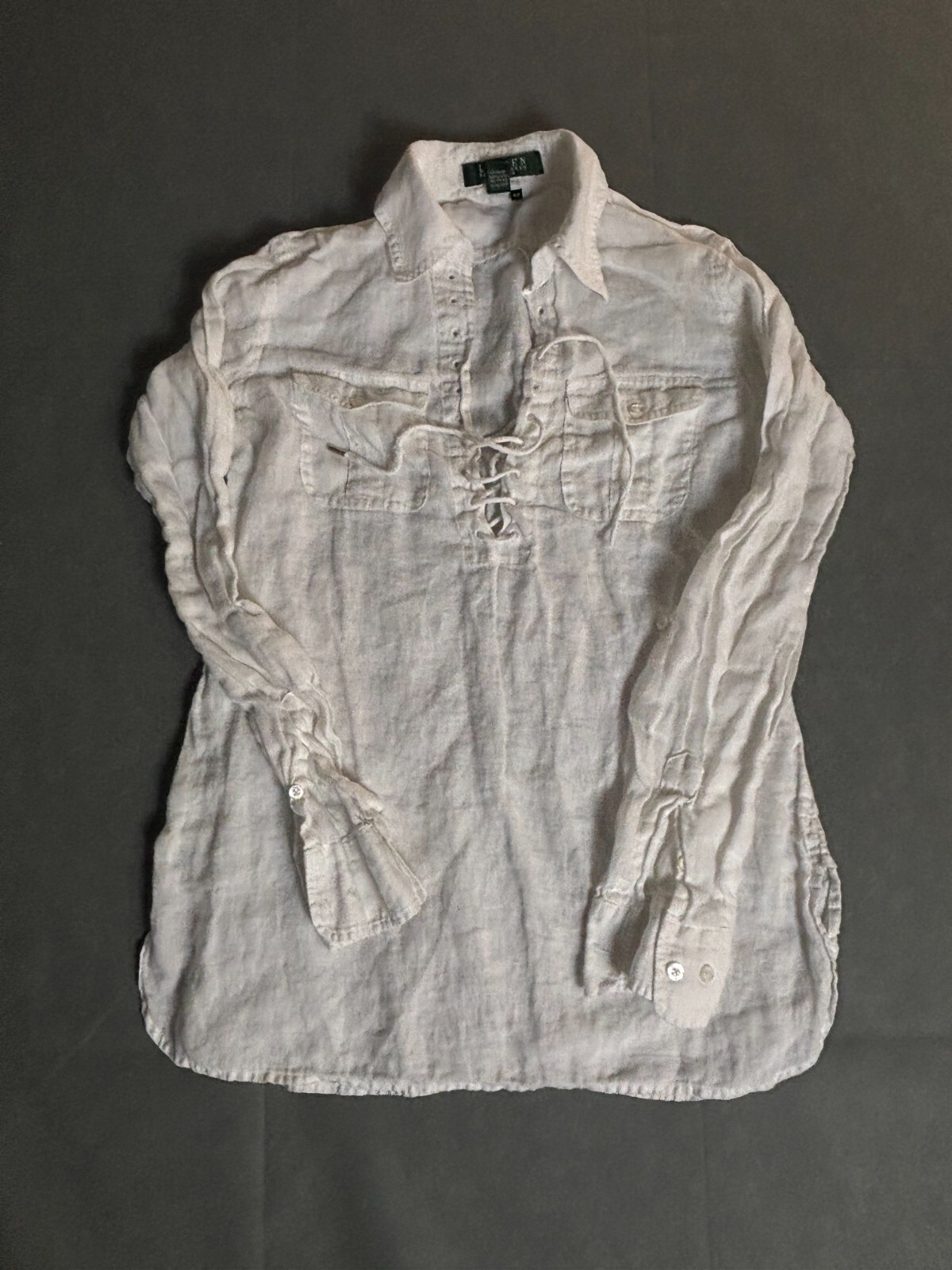 Lauren Ralph Lauren Shirt Womens Petite White Linen Drawstring Neck Long Sleeve