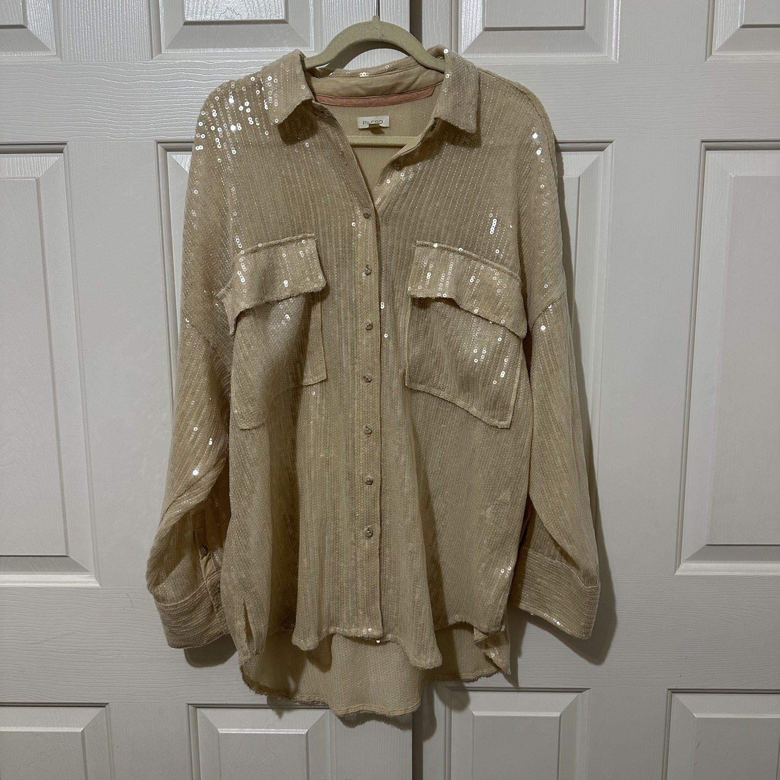 Pilcro Sequined Button Down Shirt L Ivory Holiday Office Party Wedding Event