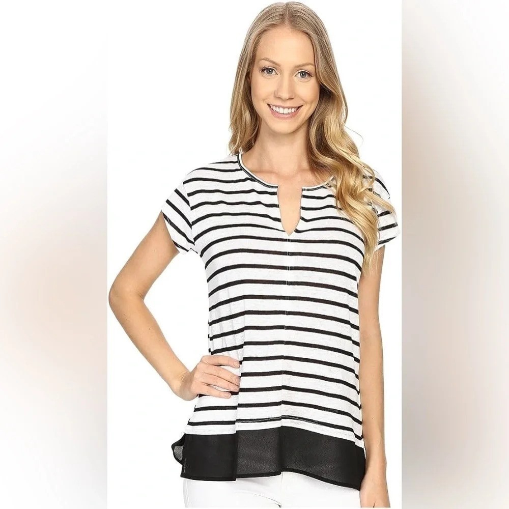 Sanctuary City Remix Striped Linen Notch Neck Layered Hem Capsule Tee Top S