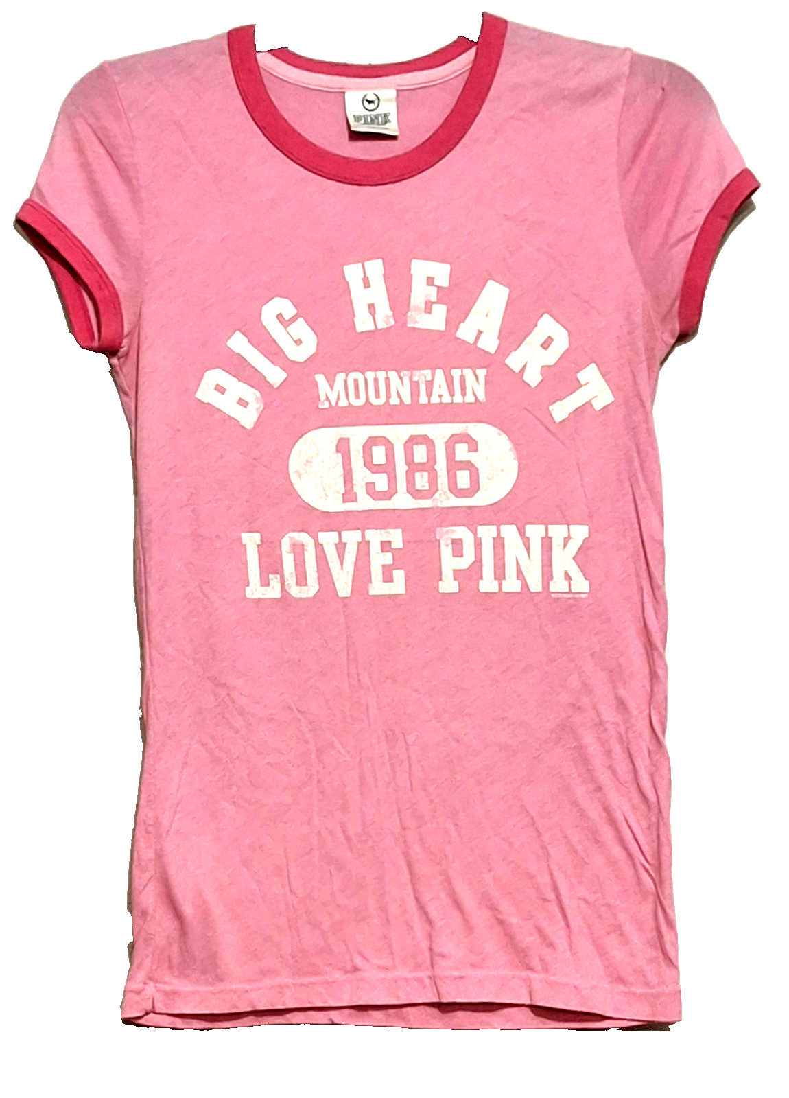 Victoria Secret Pink Ringer T-Shirt Women S Big Heart Mountain 1986 Pink