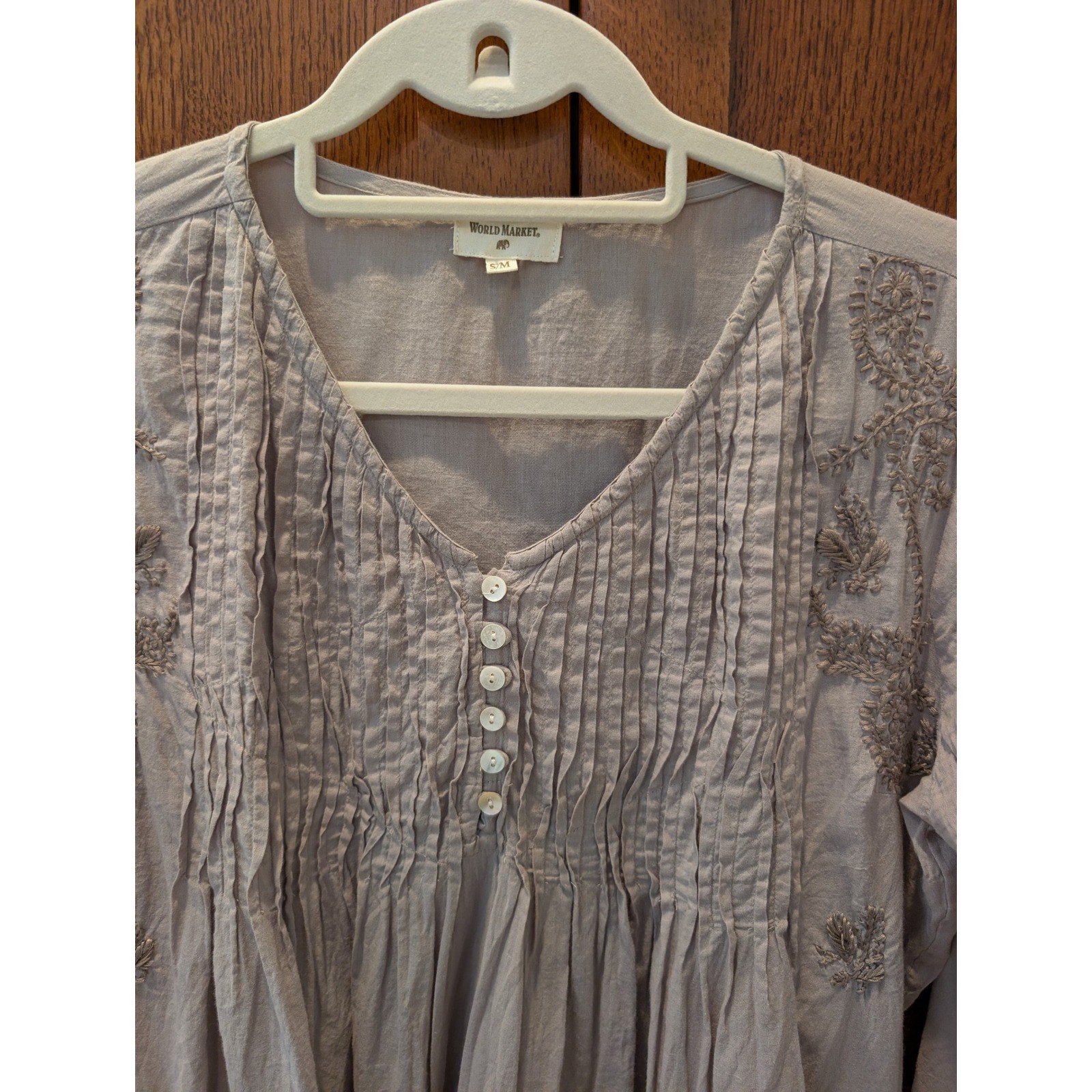 World Market Tunic Top Boho Embroidered Pintuck Cotton Taupe Grey Womens S/M
