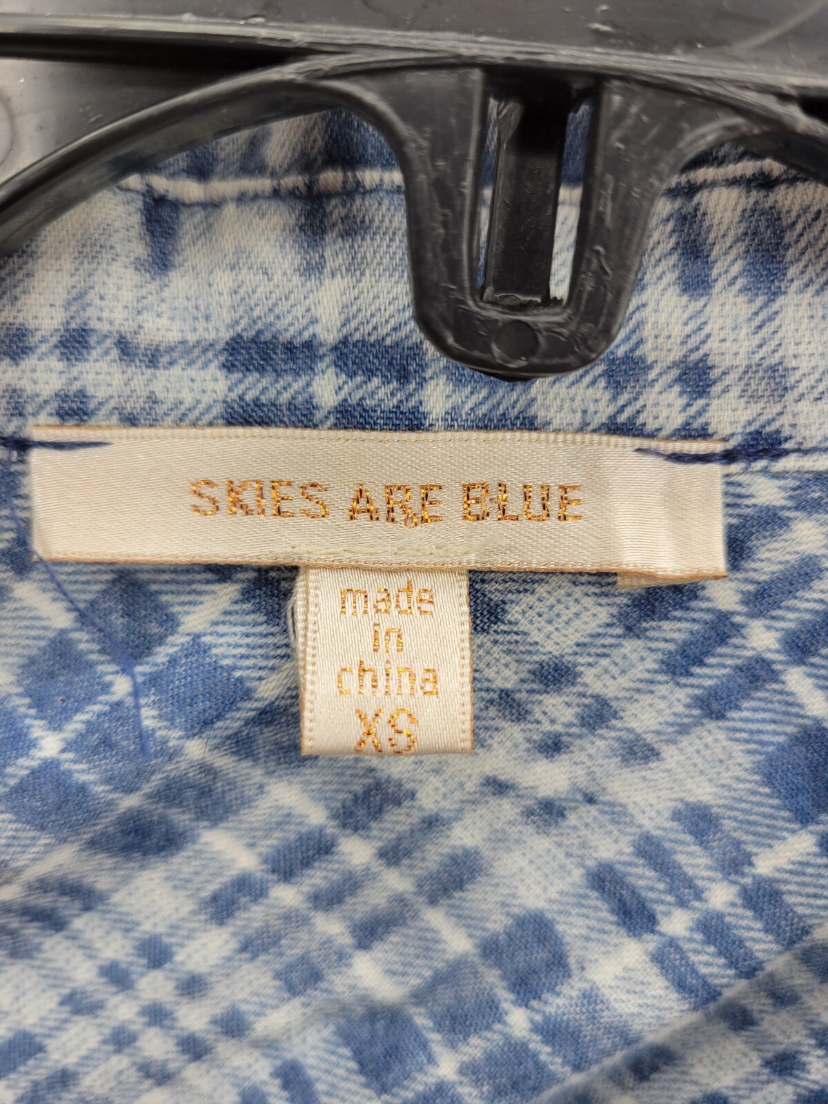 Skies are Blue Top Womens XS Blue Plaid Ombre Tab Sleeve Boho Blouse