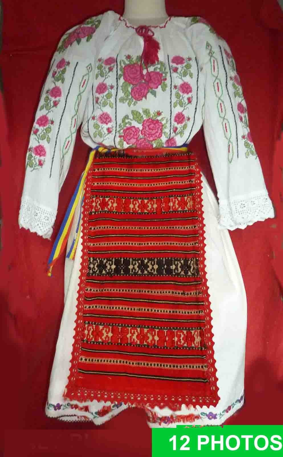 Romanian Embroidered Folk Peasant Ethnic Boho Blouse 54″ around L=27″ + 2 apron